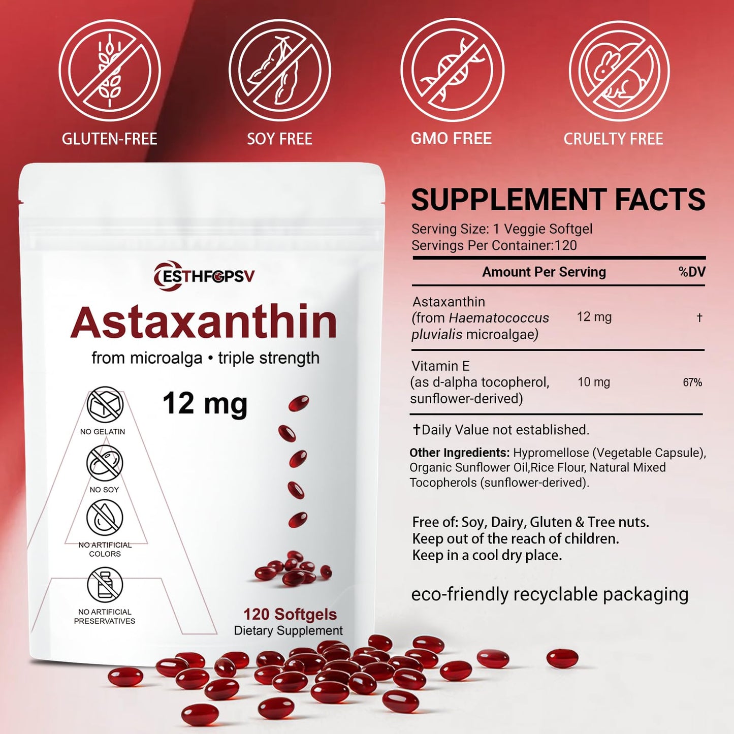 ESTHFGPSV Astaxanthin 12mg Antioxidant Supplement with Vitamin E Softgel 120 Count
