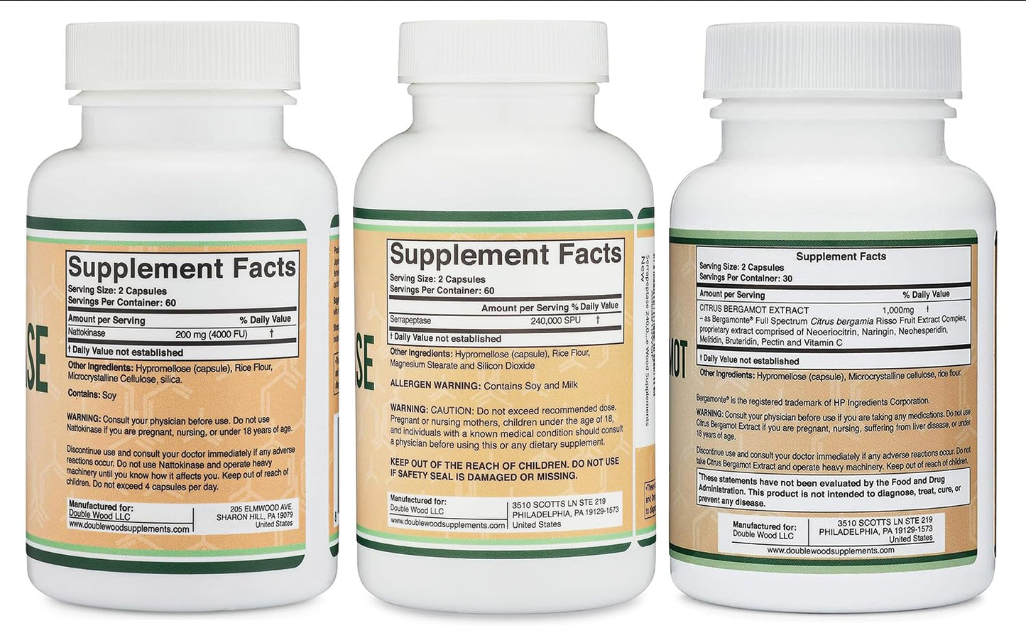 Double Wood Supplements Nattokinase Supplement, Serrapeptase & Citrus Bergamot Capsules, 300 Capsules