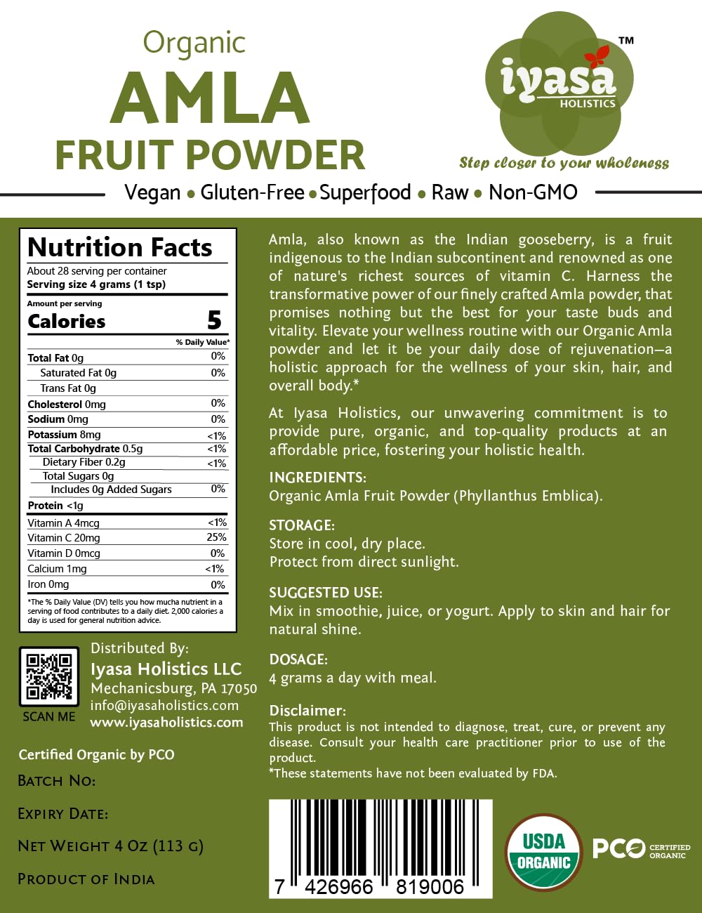 Iyasa Holistics Amla Powder Organic, 4 oz