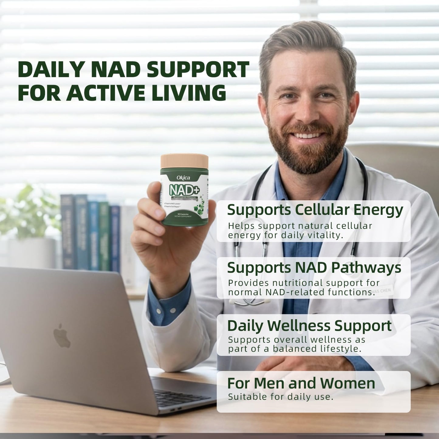Okica NAD+ Supplement with Nicotinamide Riboside & Resveratrol 1000mg Capsules, 90 Count