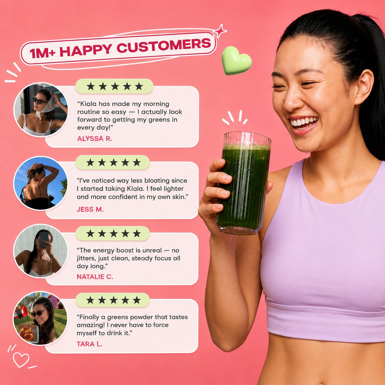 Kiala Nutrition Super Greens Powder with Spirulina & Chlorella, Watermelon Slush, 9 oz