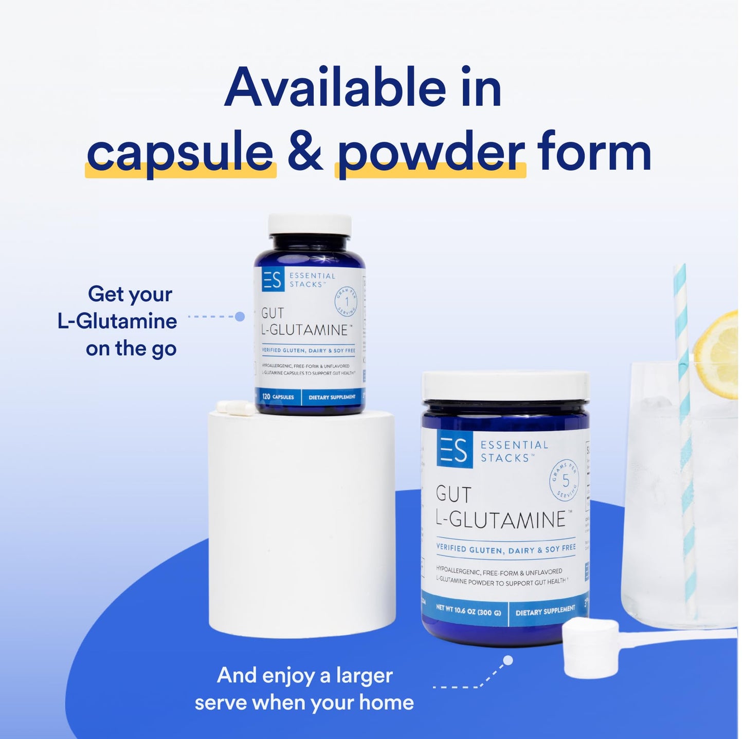 Essential Stacks L-Glutamine Home & Away Bundle - Powder & Capsules, 2-Count
