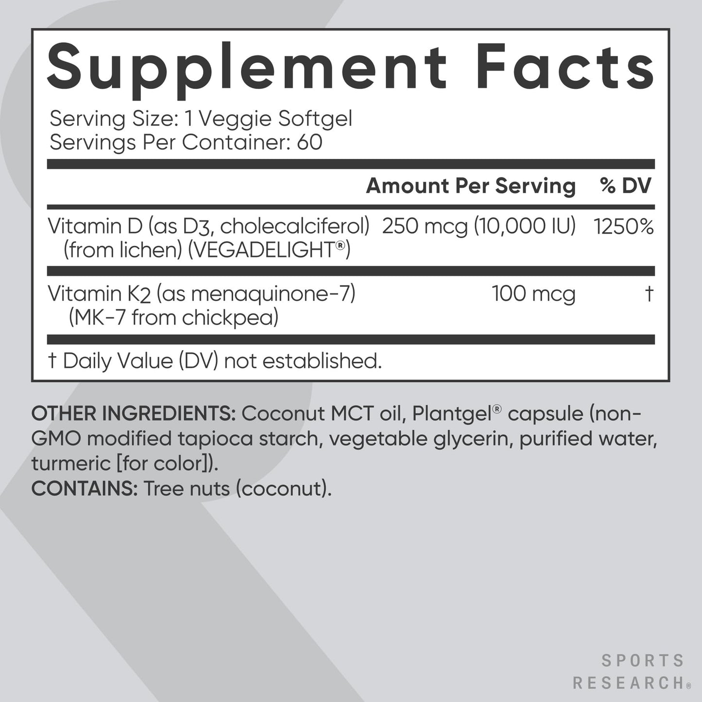 Sports Research Vitamin D3 + K2 Softgels 60 Count