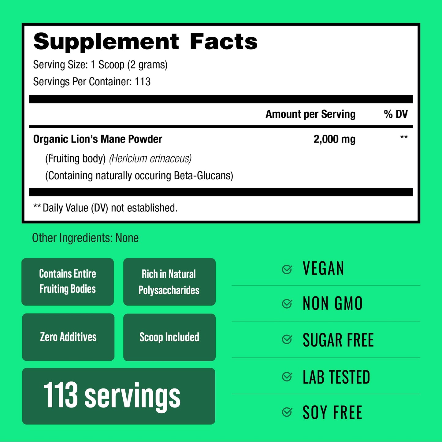 NutraChamps Organic Lion's Mane Powder 2000mg 8oz
