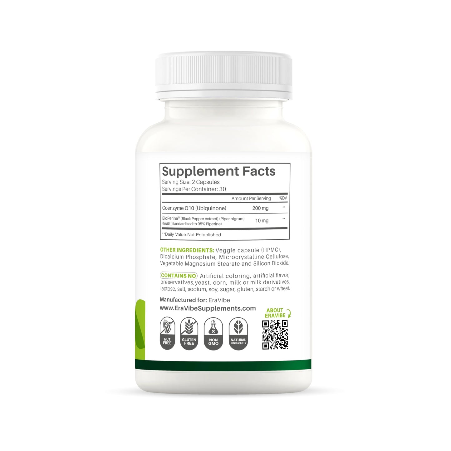 ERAVIBE Pure CoQ10 Energy Support High Absorption with Bioperine Capsules, 60 Count