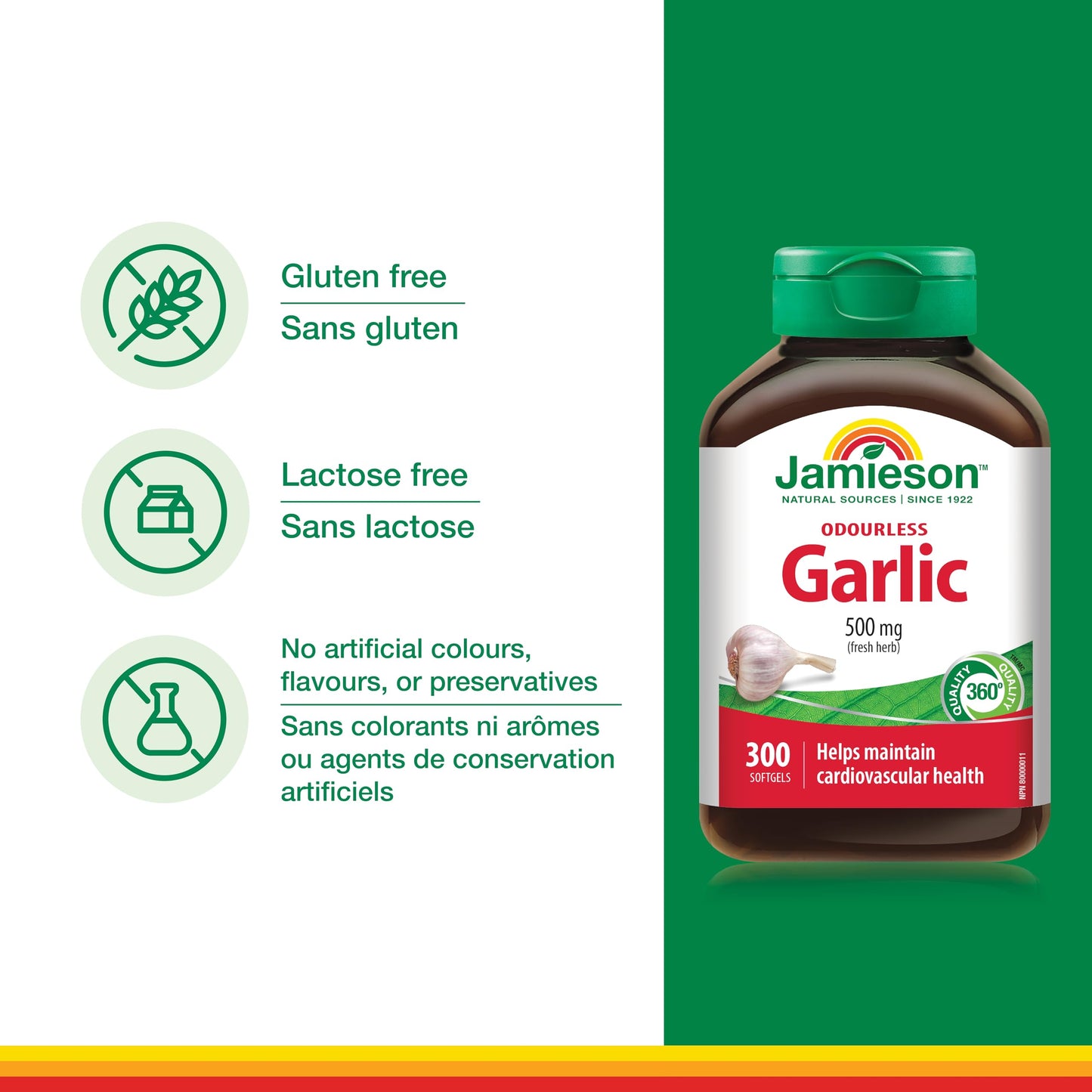Jamieson Odourless Garlic 500mg Softgels, 300 Softgels