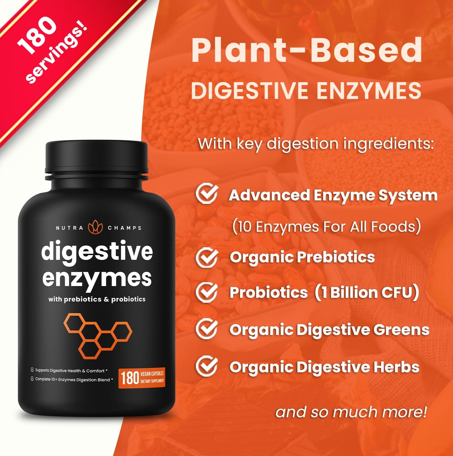 NutraChamps Digestive Enzymes with Probiotics and Prebiotics for Women & Men Capsules, 180 Count