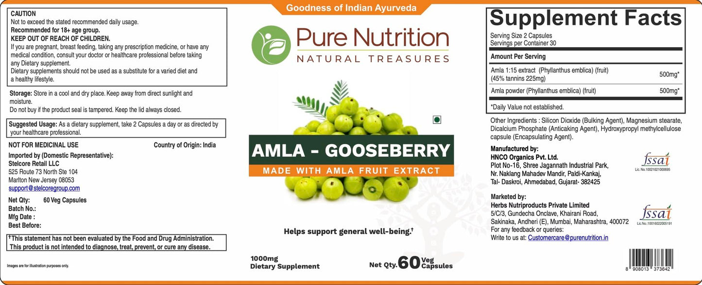Pure Nutrition Natural Treasures Amla Capsules (Indian Gooseberry) 1000 mg per Serving, 60 Veg Capsules