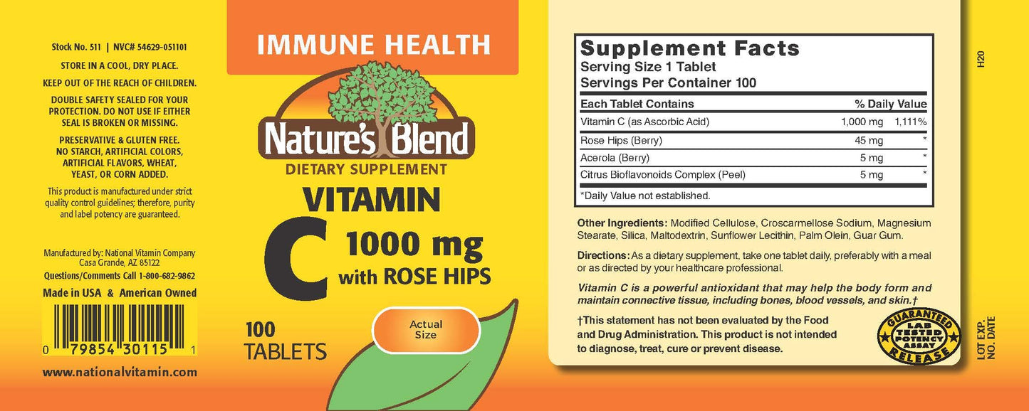 Nature's Blend Vitamin C 1000mg with Rose Hips Tablets 100 Count