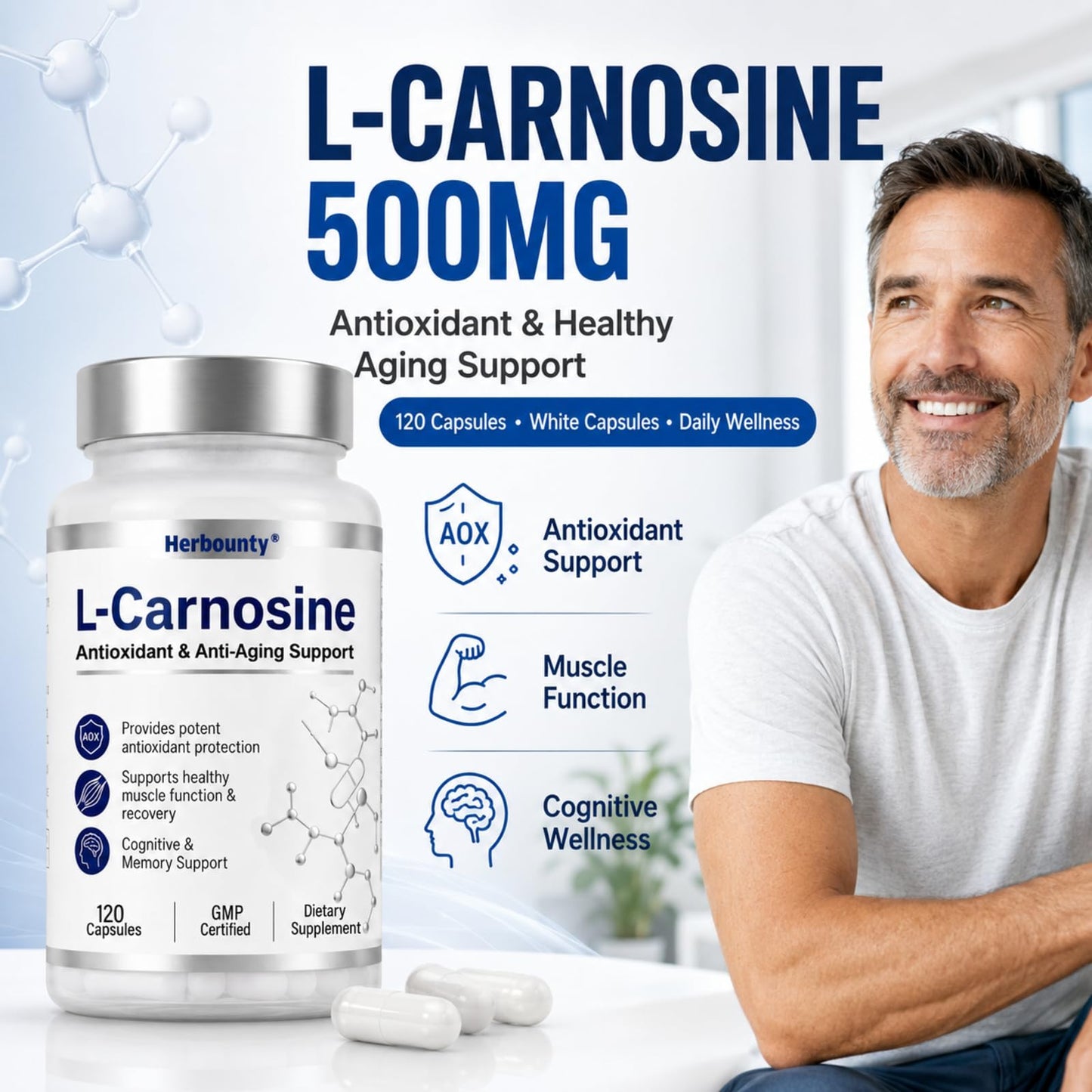 Herbounty L-Carnosine Supplement 500mg Capsule, 120 Capsules