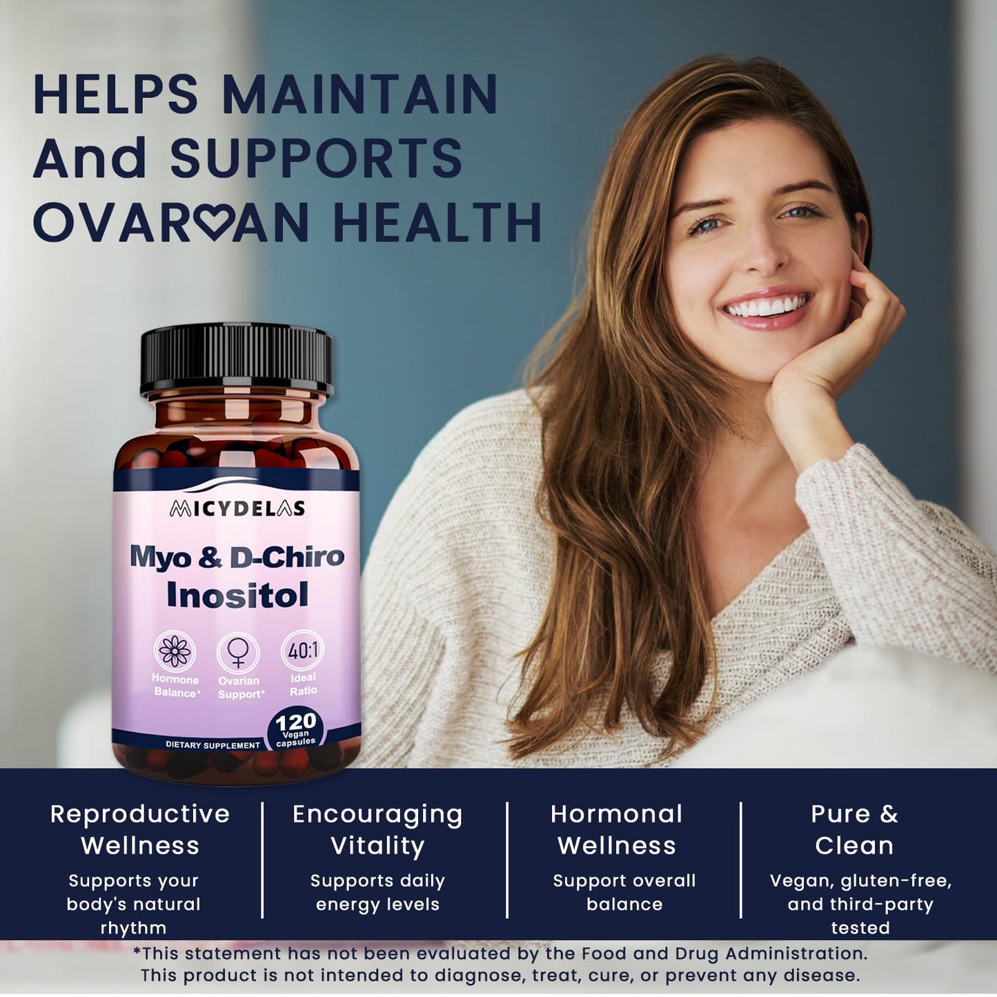 MICYDELAS Myo-Inositol & D-Chiro Inositol Supplement for Women Hormone Balance & Female Health Support, Ideal 40:1 Ratio Per Serving, Vegan, Non-GMO 120 Capsules