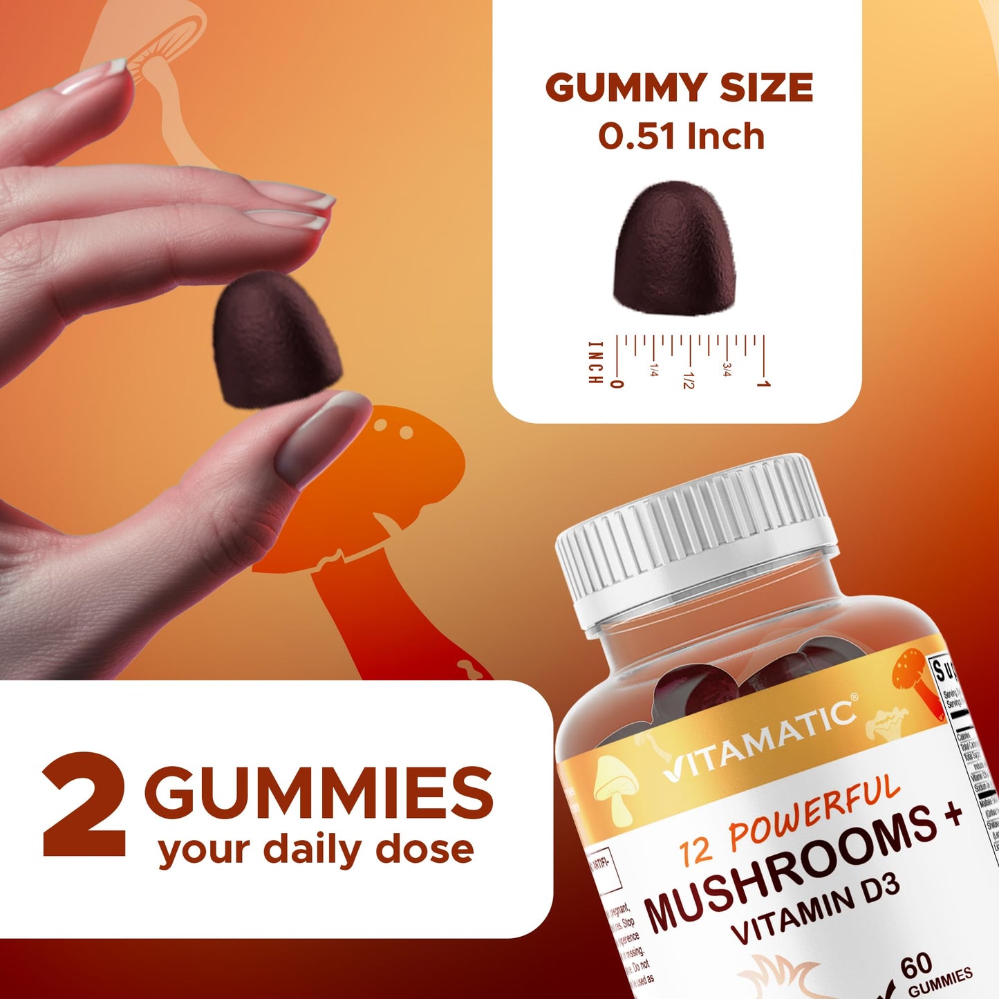 Vitamatic Mushroom Complex Gummies with D3 – Plant-Based Botanical Extract – Pectin-Based, Non-GMO – Herbal Supplement Gummies, 60 Count