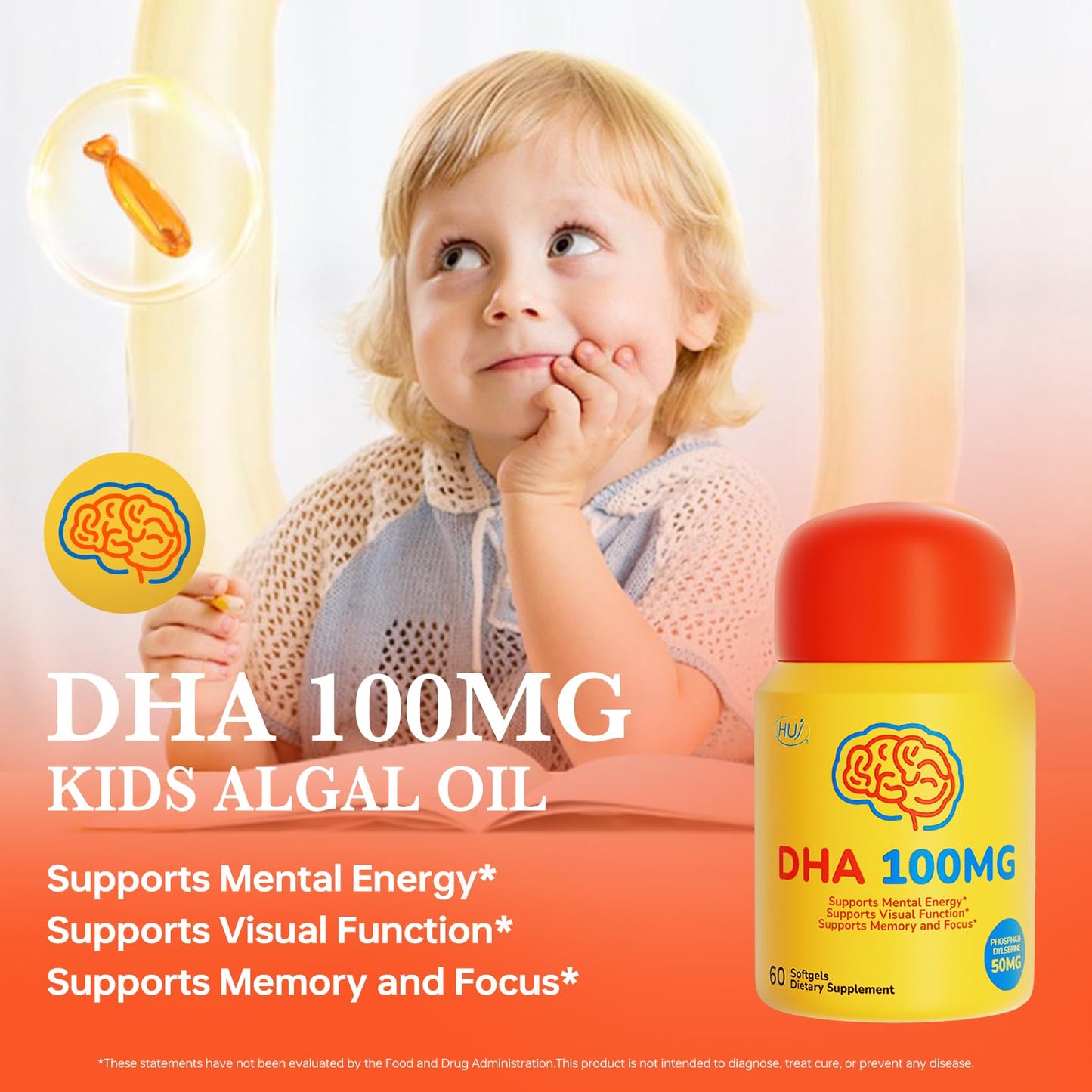 HUJ DHA 100mg Kids DHA Supplement Algal Oil Softgels, 60 Count