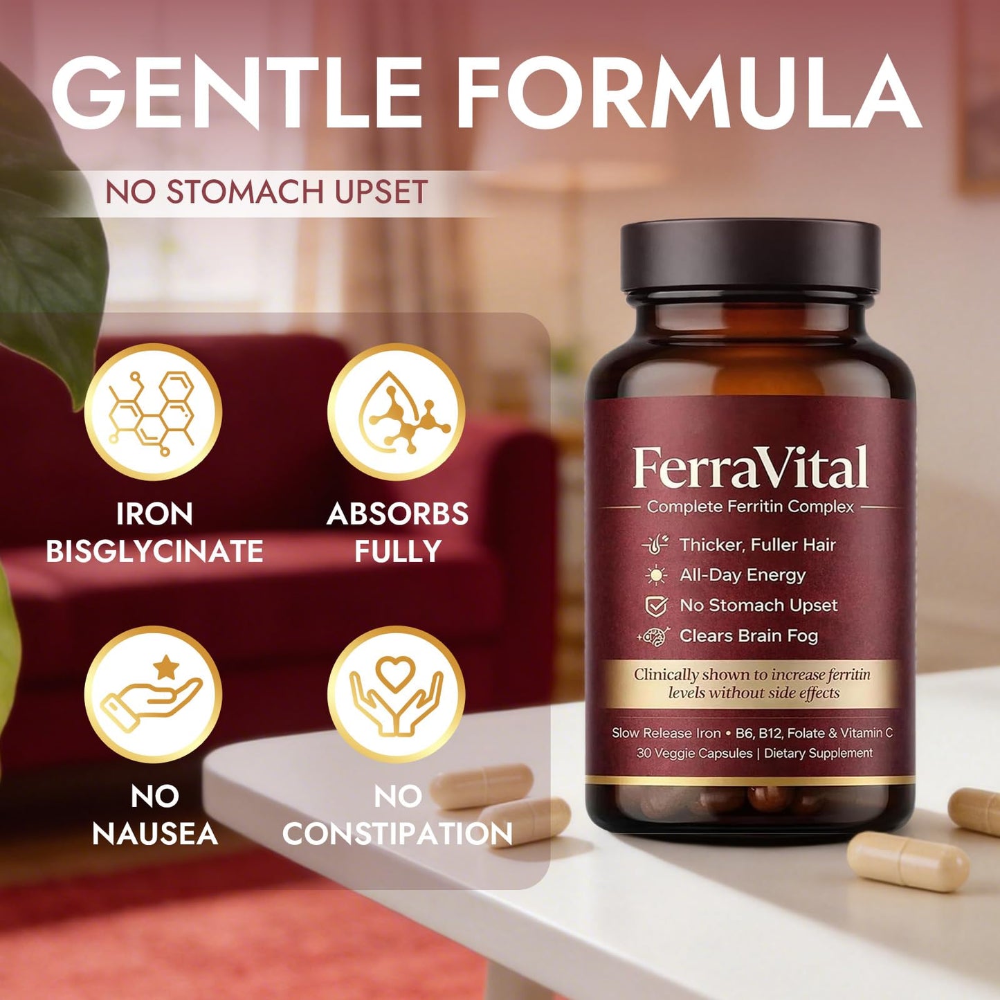 FerraVital Ferritin Supplement for Women – Supports Healthy Iron & Energy Levels – with Ferrous Glycine, Vitamins C, B12, B6, Folate, Zinc & Probiotics – 60 Capsules