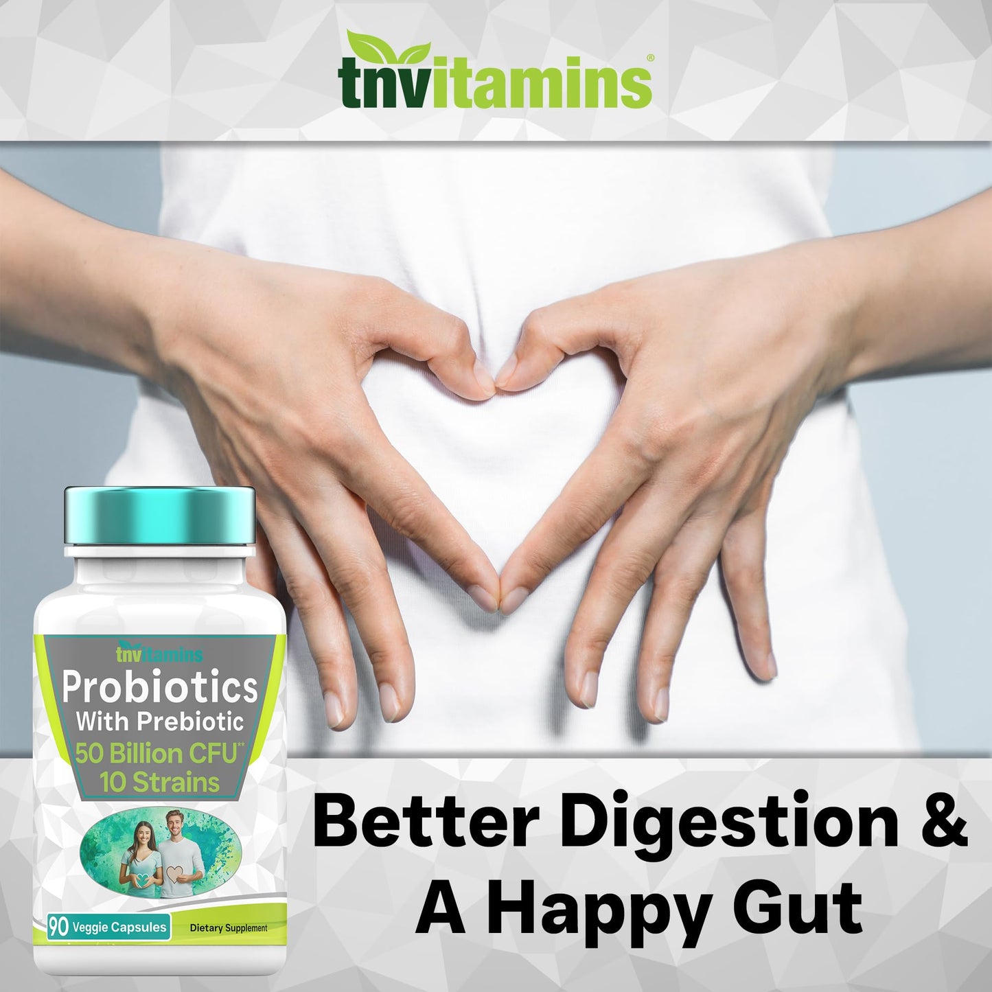 tnvitamins Probiotics with Prebiotic: 50 Billion CFU, 10-Strain Probiotic for Digestive Health and Immune Support Capsules, 90 Count