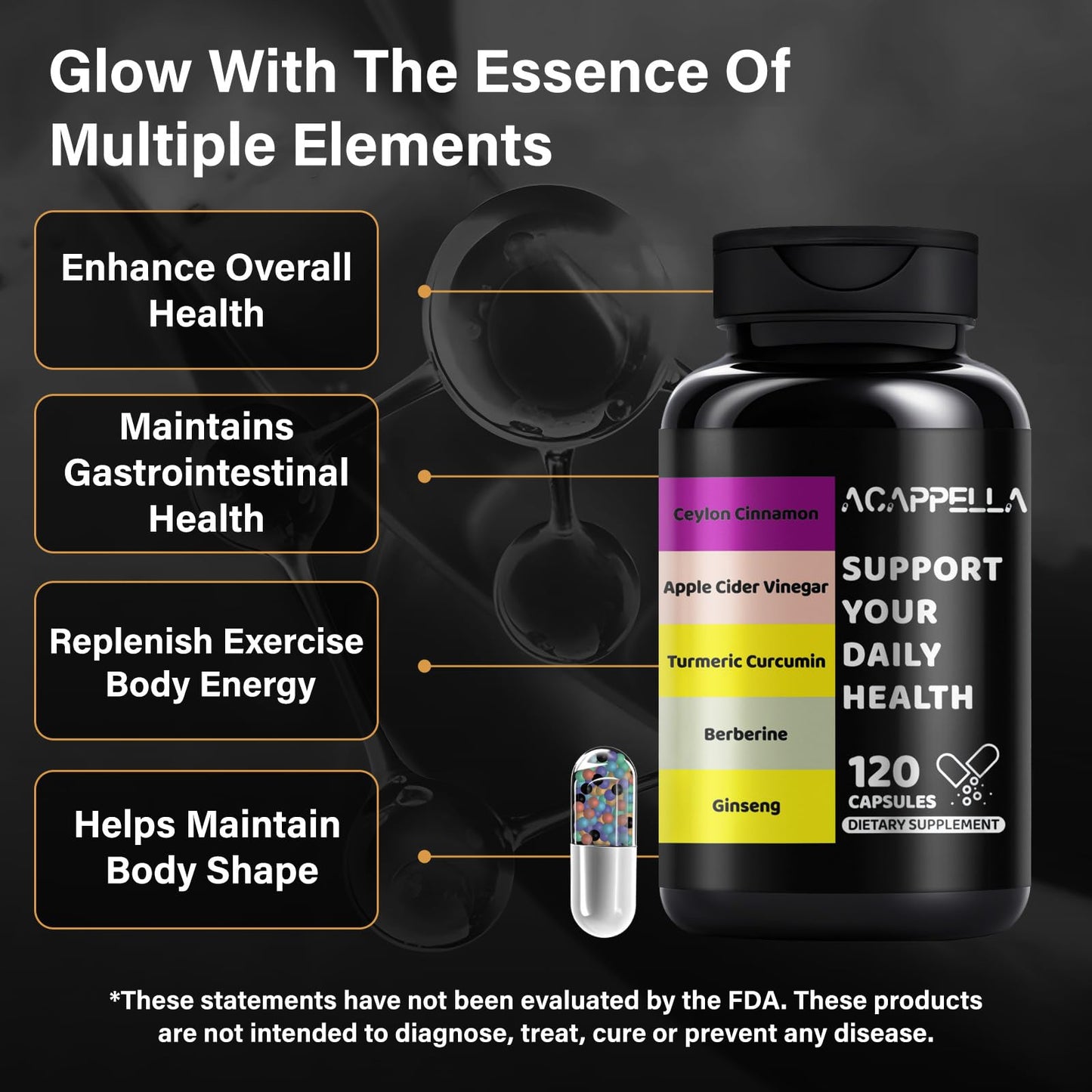 ACAPPELLA Berberine Turmeric Supplement & Apple Cider Vinegar Turmeric Cinnamon Bitter Melon Milk Thistle Fenugreek Complex 120 Capsules