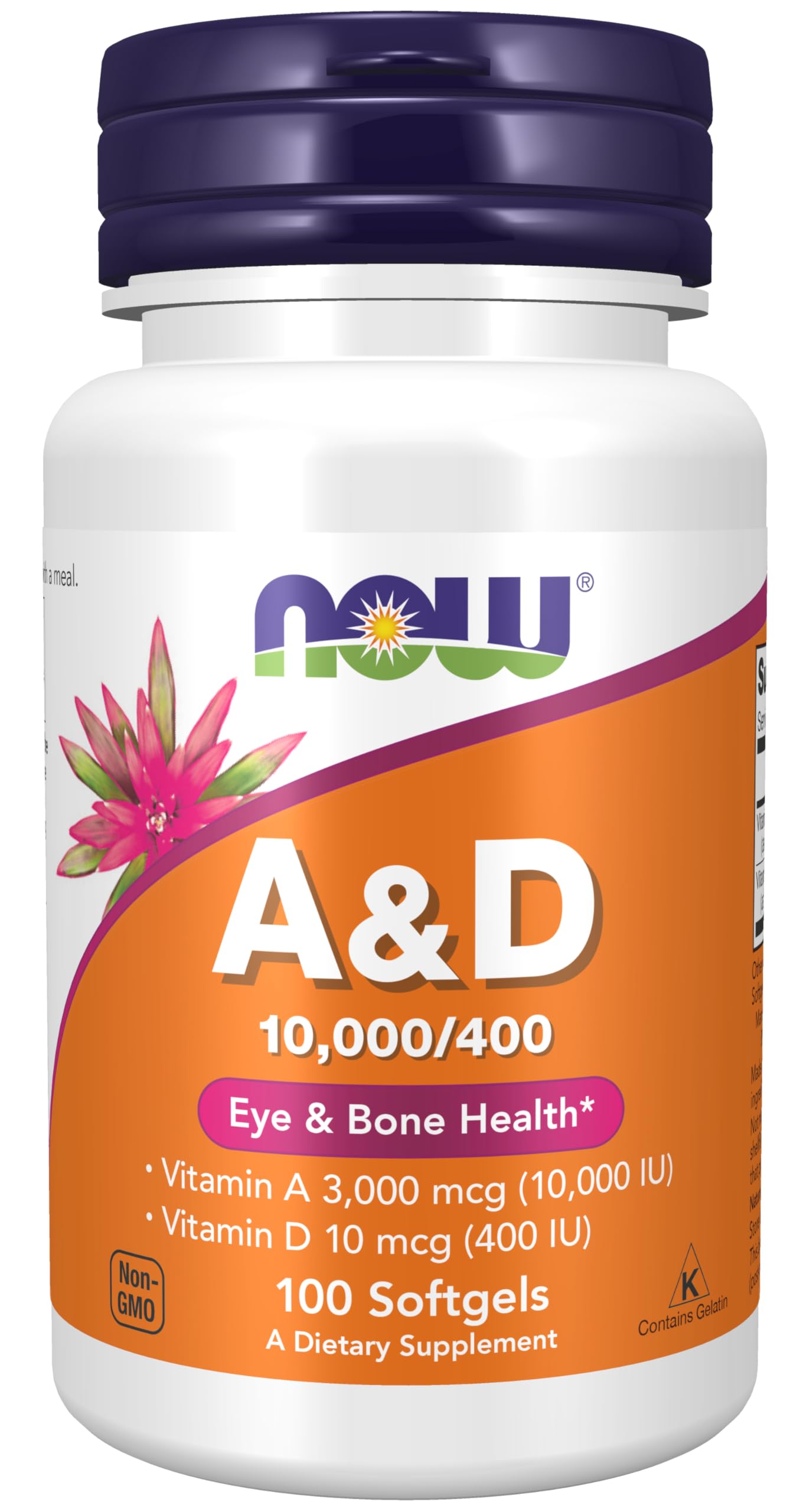 NOW Foods Vitamin A & D 10,000/400 IU Eye Health*, Essential Nutrition Softgels 100 Count