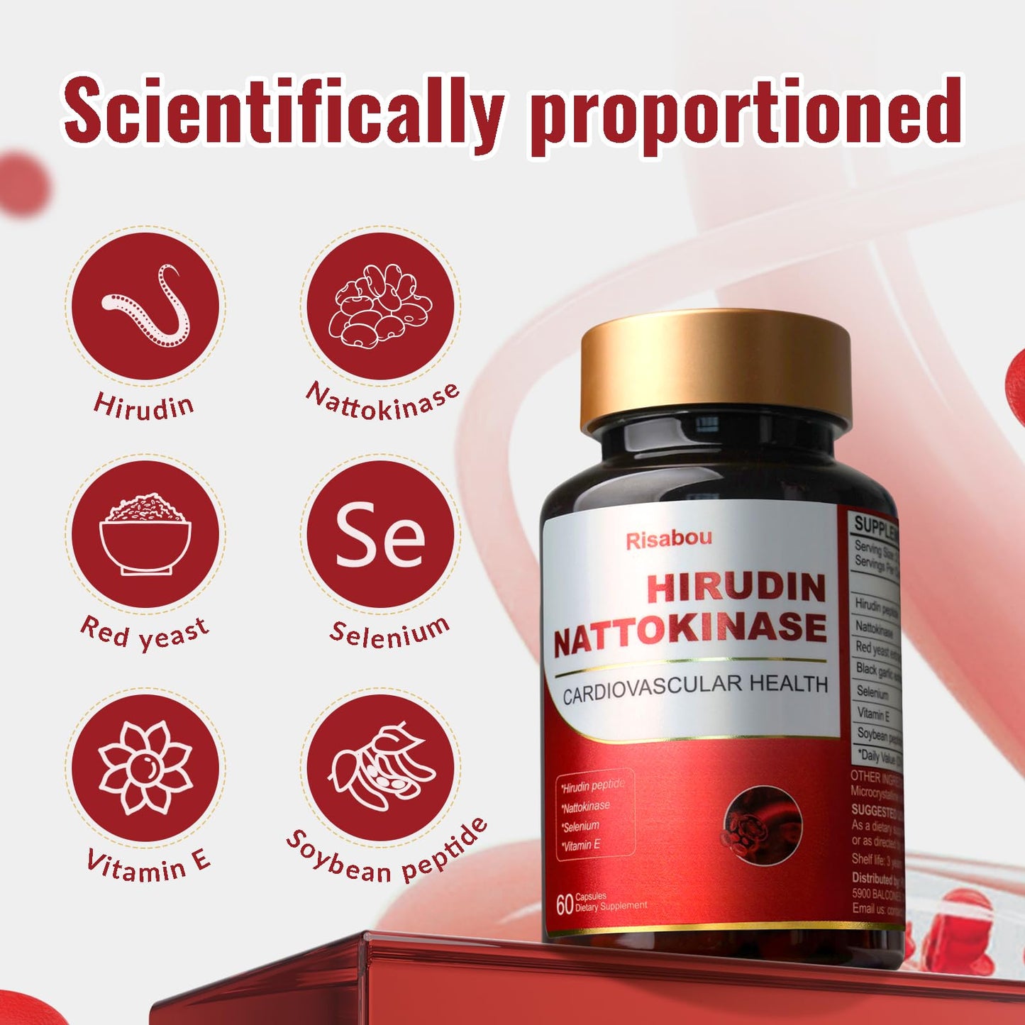 Risabou Hirudin Peptide Nattokinase Supplements with Red Yeast Extract Capsules 120 Count