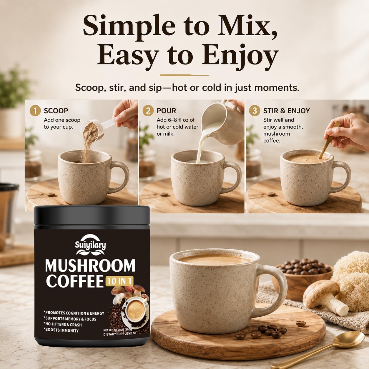 Suiyilary Mushroom Coffee 10 Mushroom Extract Powder Blend Lion's Mane, Reishi, Chaga, Cordyceps, Turkey Tail, Brain Support with Instant Coffee, Powder, 10.6 oz