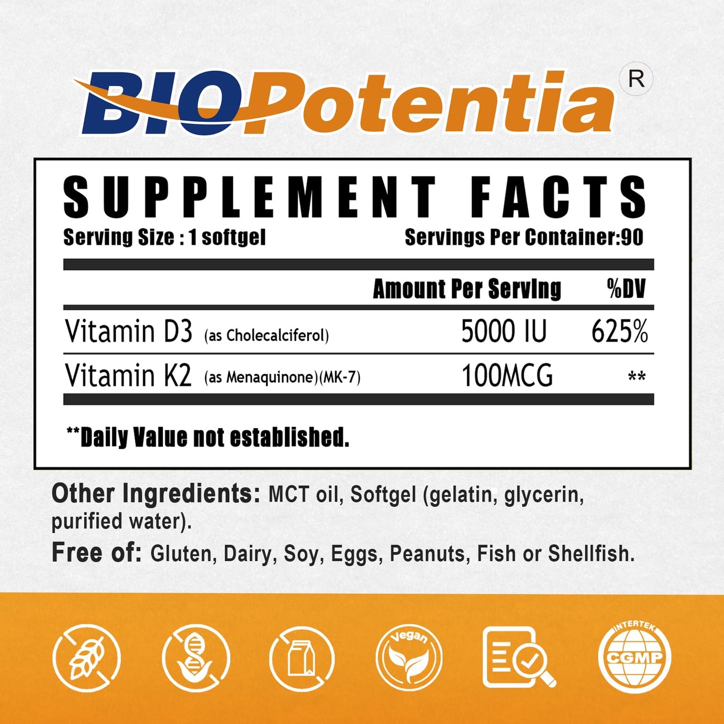BIO POTENTIA Vitamin D3 K2 with MCT Oil Softgels, 90 Count