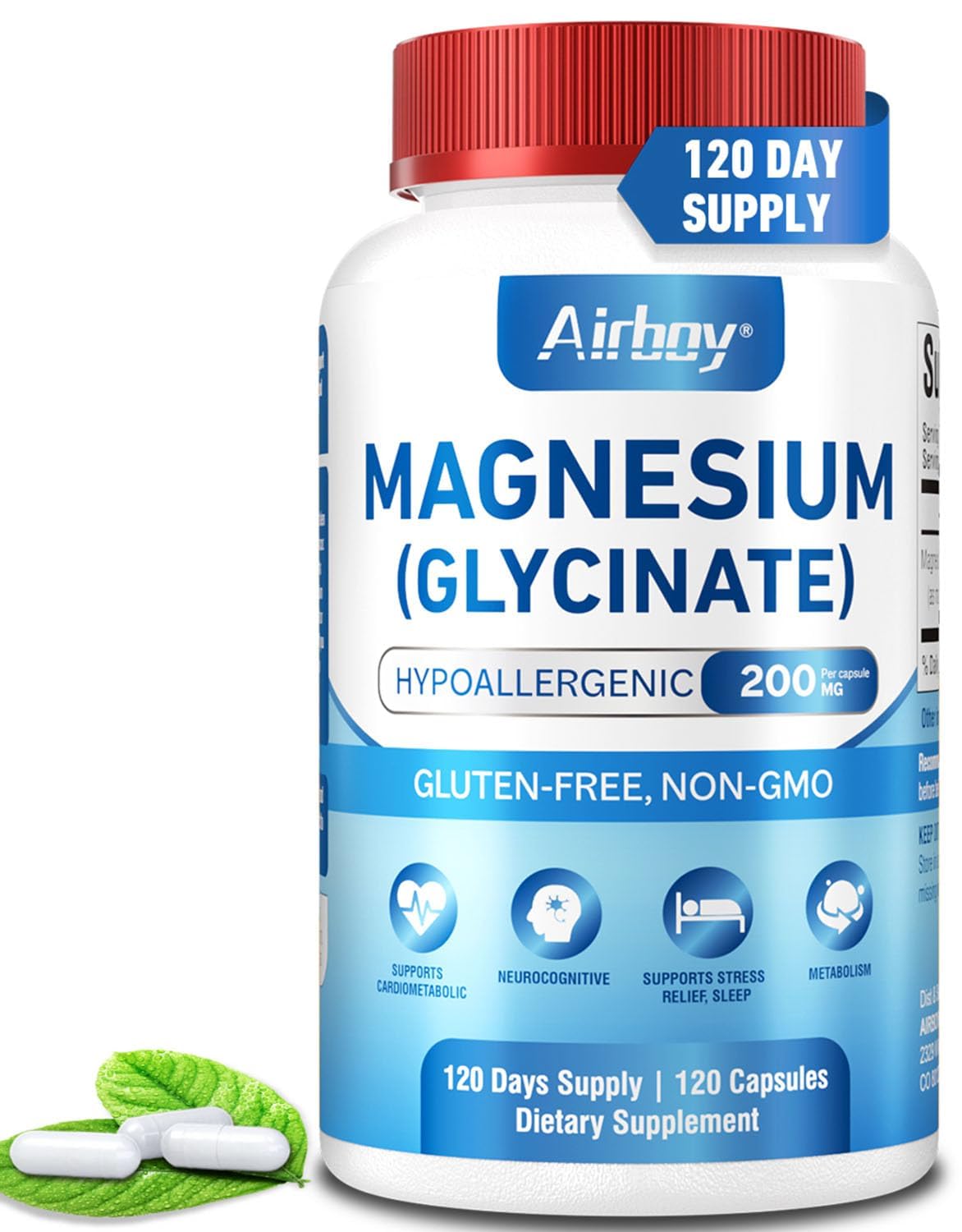 Airboy Magnesium Glycinate 200 mg Capsules, 120 Count