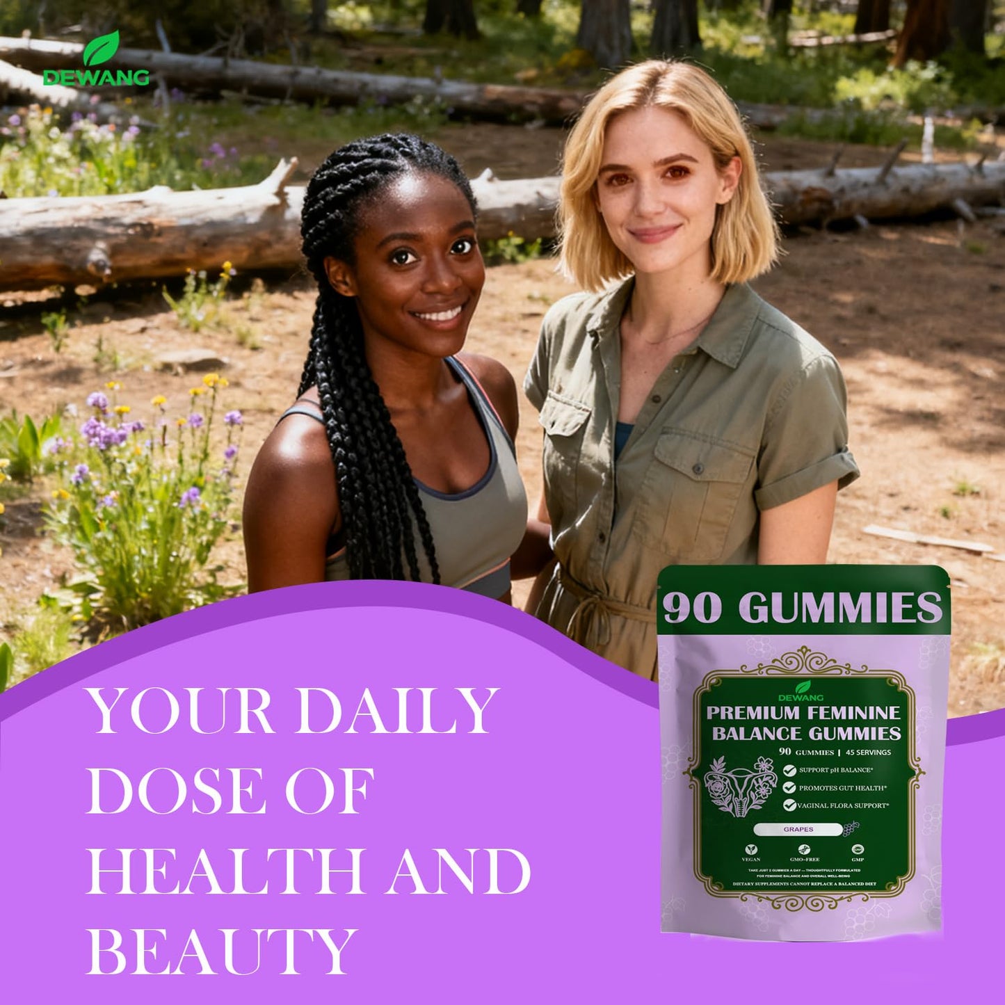 DEWANG Premium Feminine Balance Gummies for Women’s Immune Support & PH Balance, Vegan, Gluten-Free, Grapes Flavor, 90 Gummies