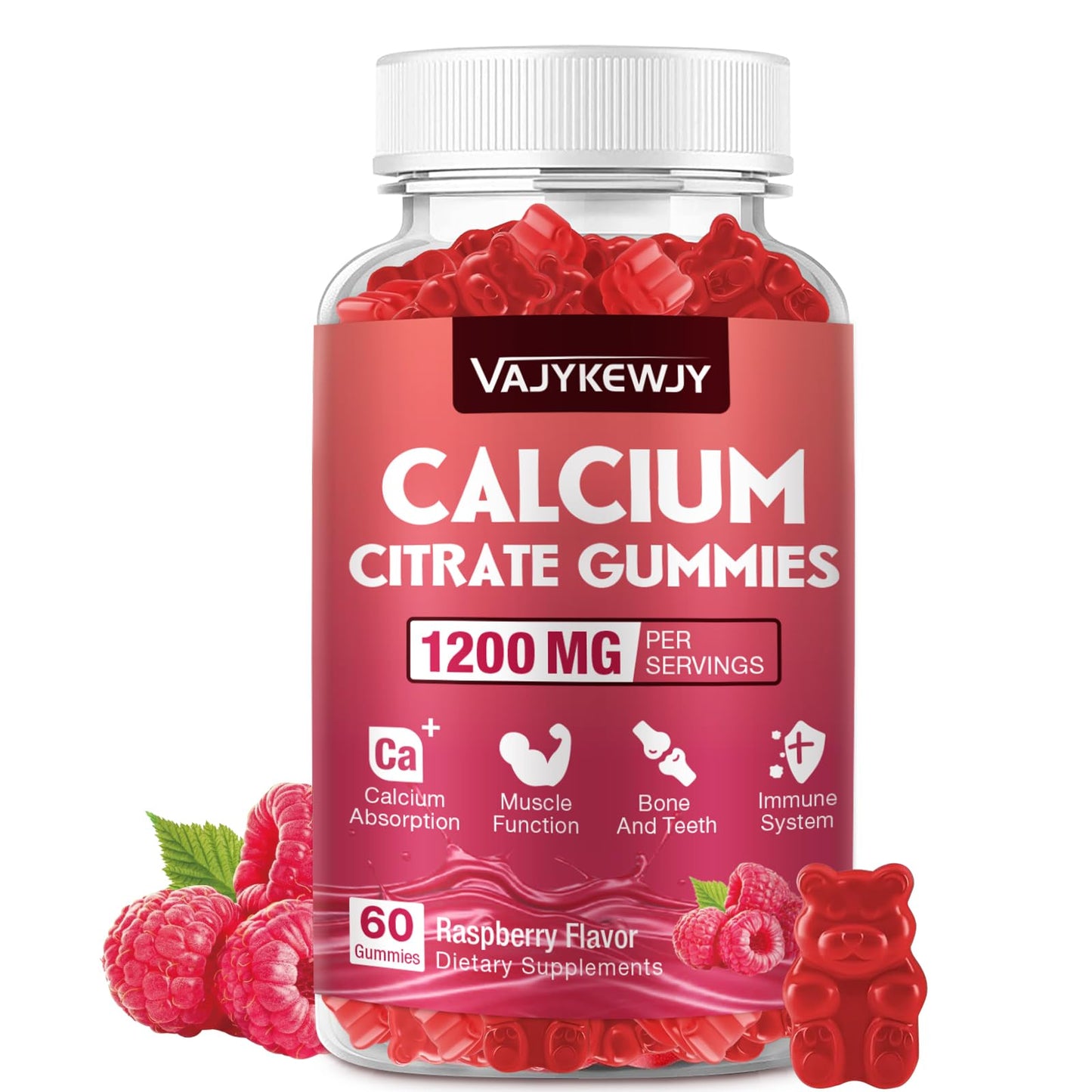 VAJYKEWJY Calcium Citrate Gummies 1200mg for Adults & Kids, Bone & Teeth Support, Raspberry Flavor, 60 Count