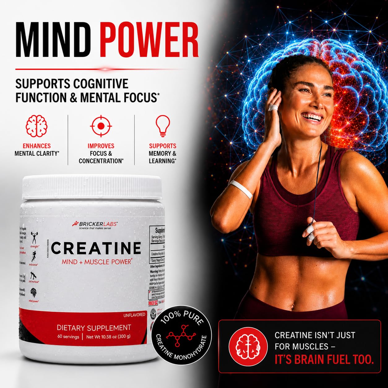 Bricker Labs Creatine Monohydrate Powder, 60 Servings