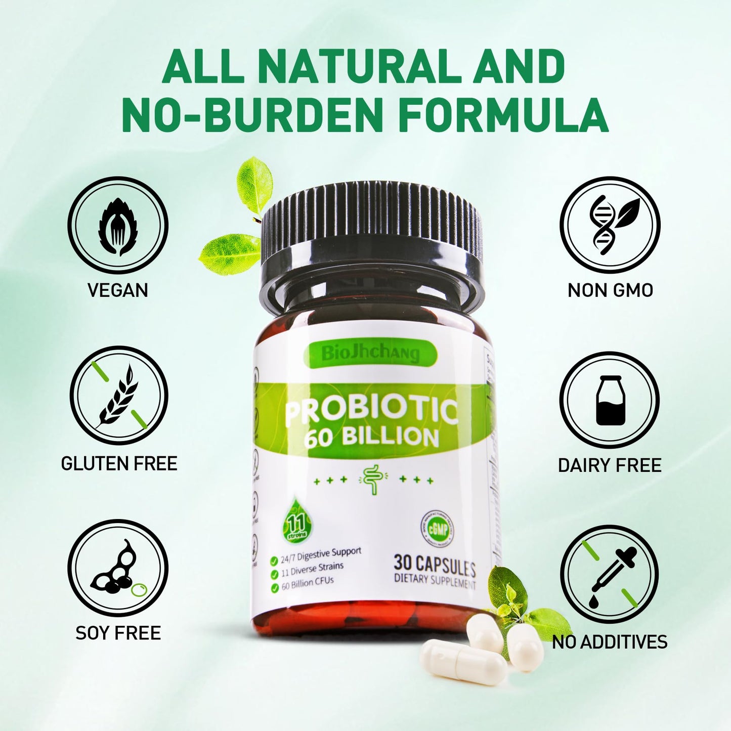 BioJhchang Probiotics 60 Billion CFU, 11 Diverse Strains Probiotic Prebiotic Capsules 30 Count