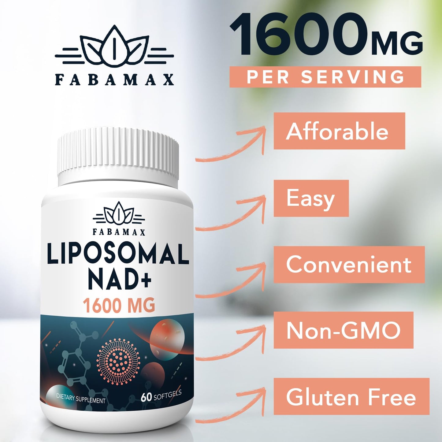 Fabamax 1600 mg Liposomal NAD Supplement, 98% Pure NAD+ Supplement, 120 Softgels