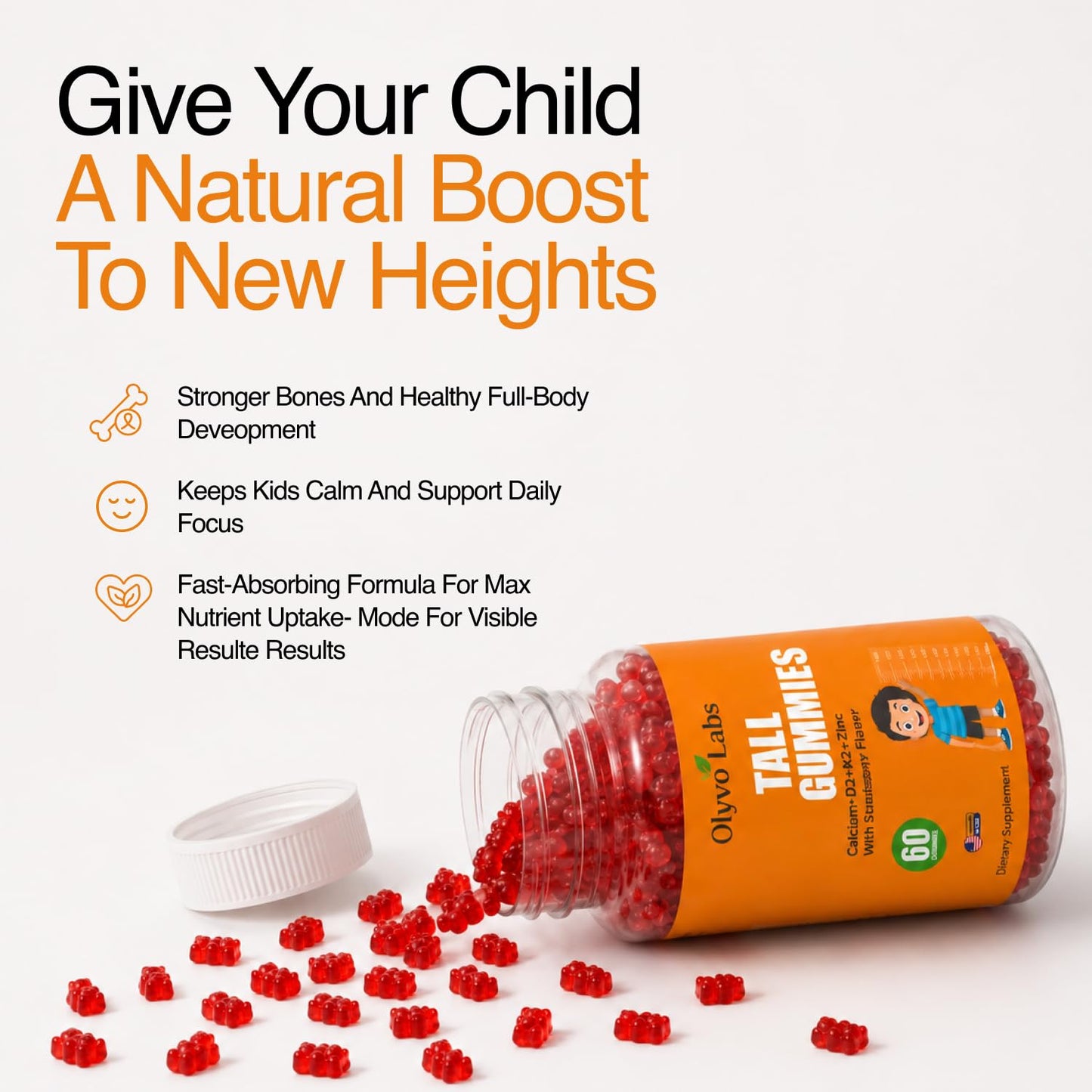 Olyvo Labs Height Growth Gummies with L-Arginine for Kids 2+ & Teens, Sugar-Free Strawberry Flavor, 60 Gummies