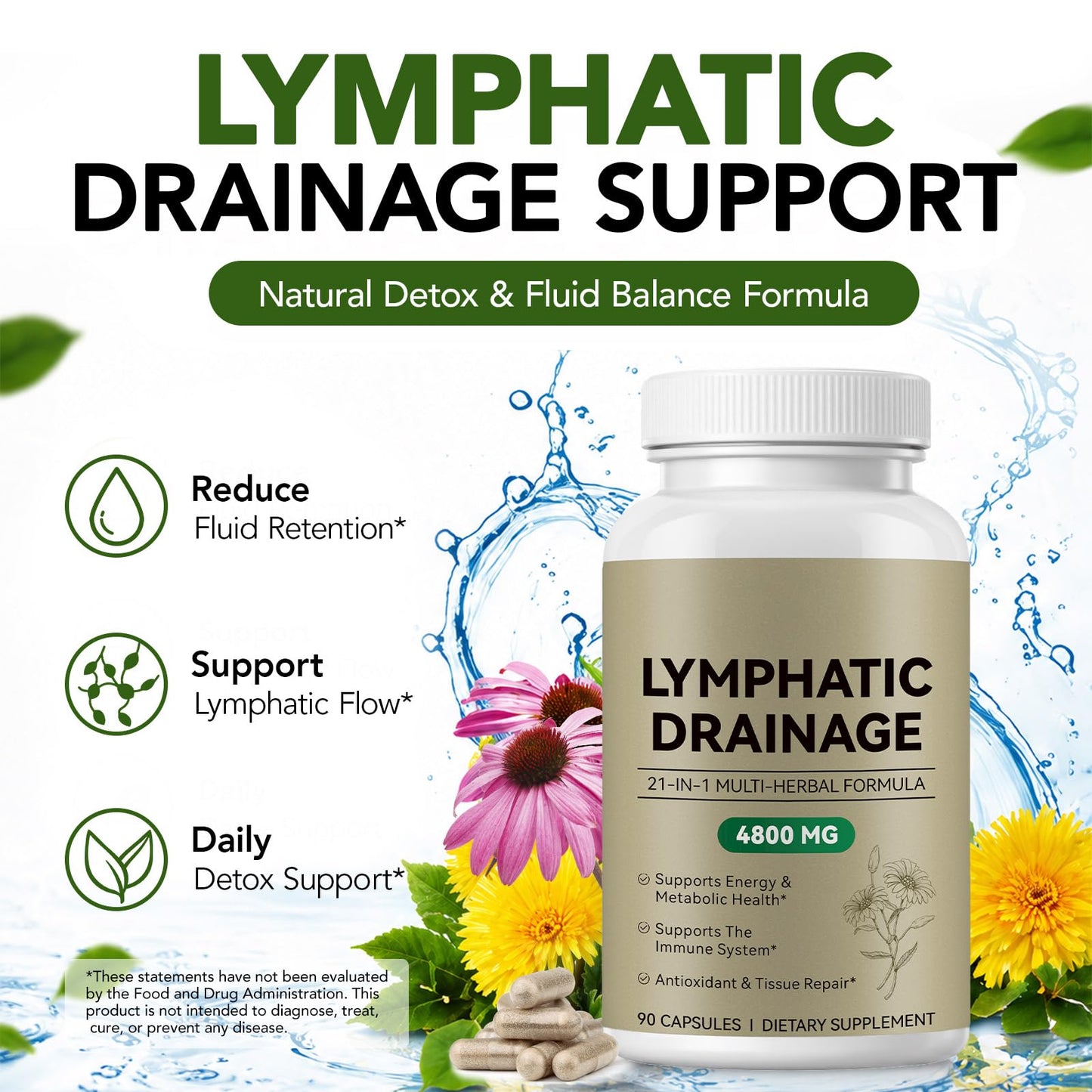 Tamiodfo Lymphatic Drainage Supplements Capsules, 21-in-1 Liposome Lymph System & Immune Support, 10:1 Concentrated Echinacea, Dandelion, Burdock, Bromelain, Calendula, 90 Capsules