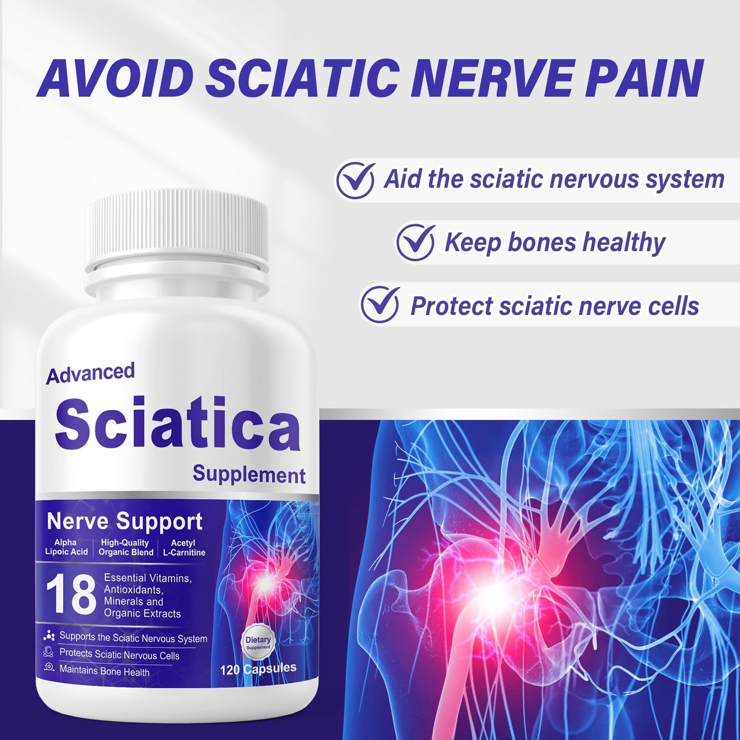 HUNJIXQ Sciatica Pain Soothing Sciatica Ease Supplements with Alpha Lipoic Acid & Vitamin B Complex, 18-in-1 Premium Capsules, Maintain Bone Health, 120 Count