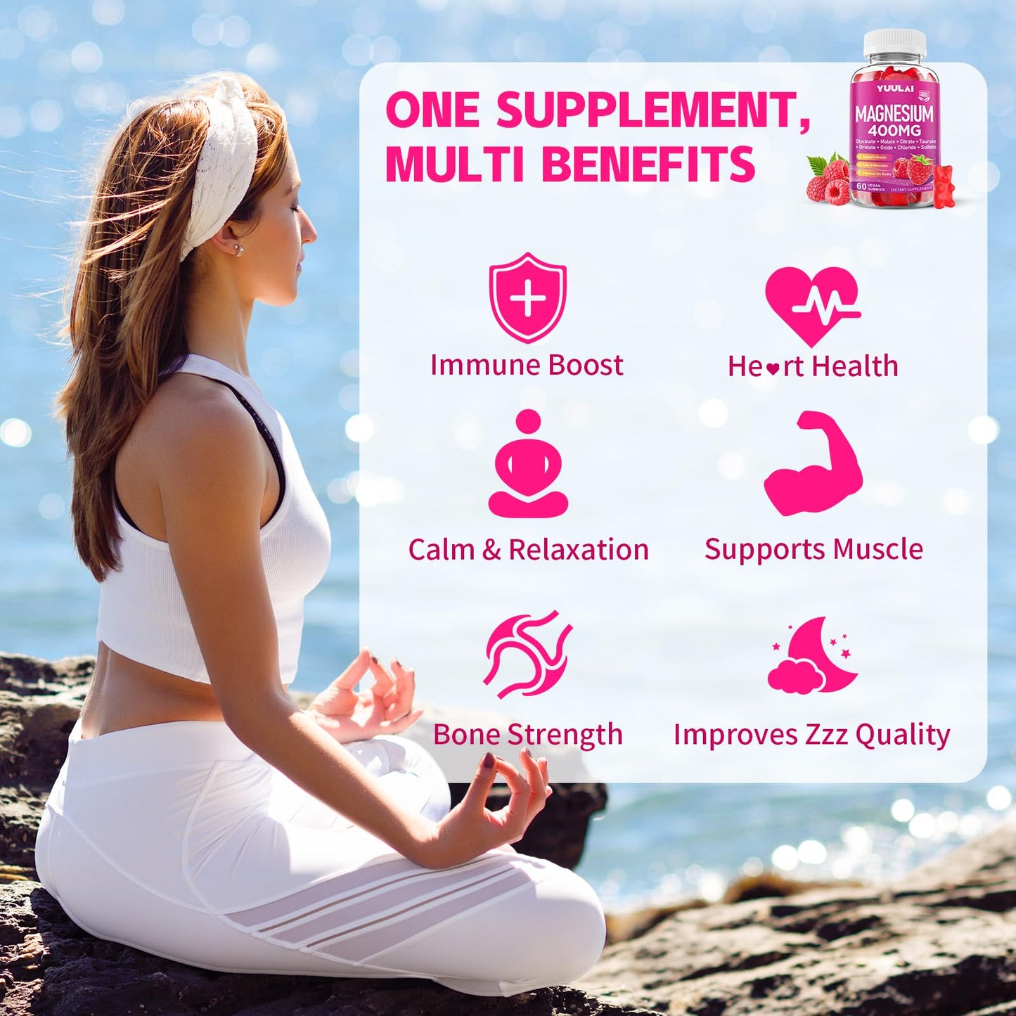 YUULAI Magnesium Complex Gummies 400mg with Magnesium Glycinate, Malate, Citrate, Taurate, Oxide & More, Ashwagandha, D3 & B12, Raspberry Flavor, 120 Count
