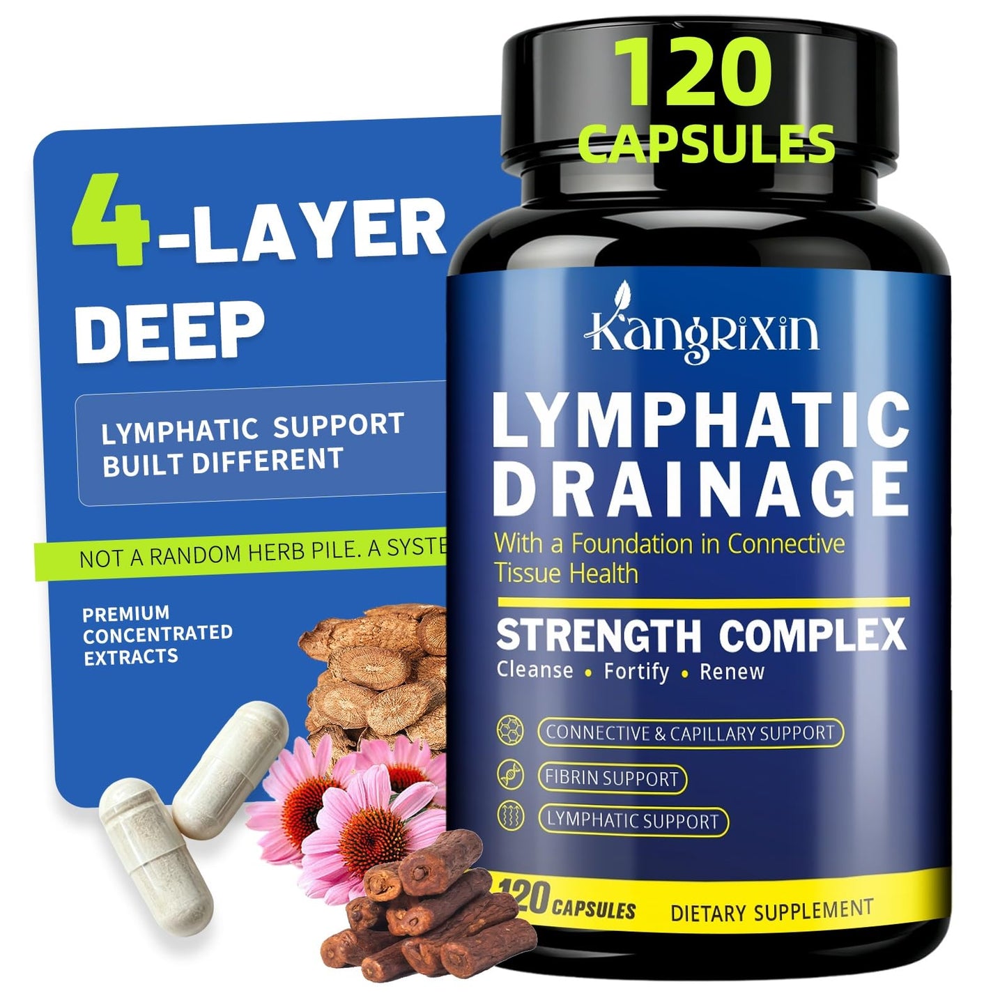 KangRiXin Lymphatic Drainage Supplements - 4 Layer Unique Formula with Bromelain, Echinacea, Dandelion, Burdock, Grape Seed, Betaine & More, Lymph System Support for Women & Men, 120 Capsules