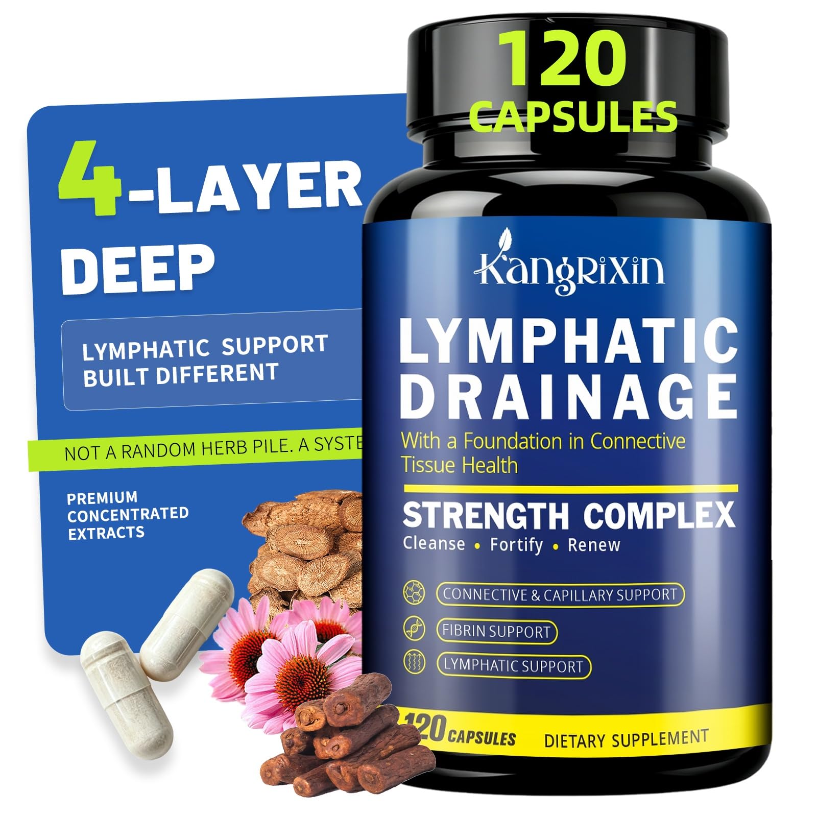 KangRiXin Lymphatic Drainage Supplements - 4 Layer Unique Formula with Bromelain, Echinacea, Dandelion, Burdock, Grape Seed, Betaine & More, Lymph System Support for Women & Men, 120 Capsules