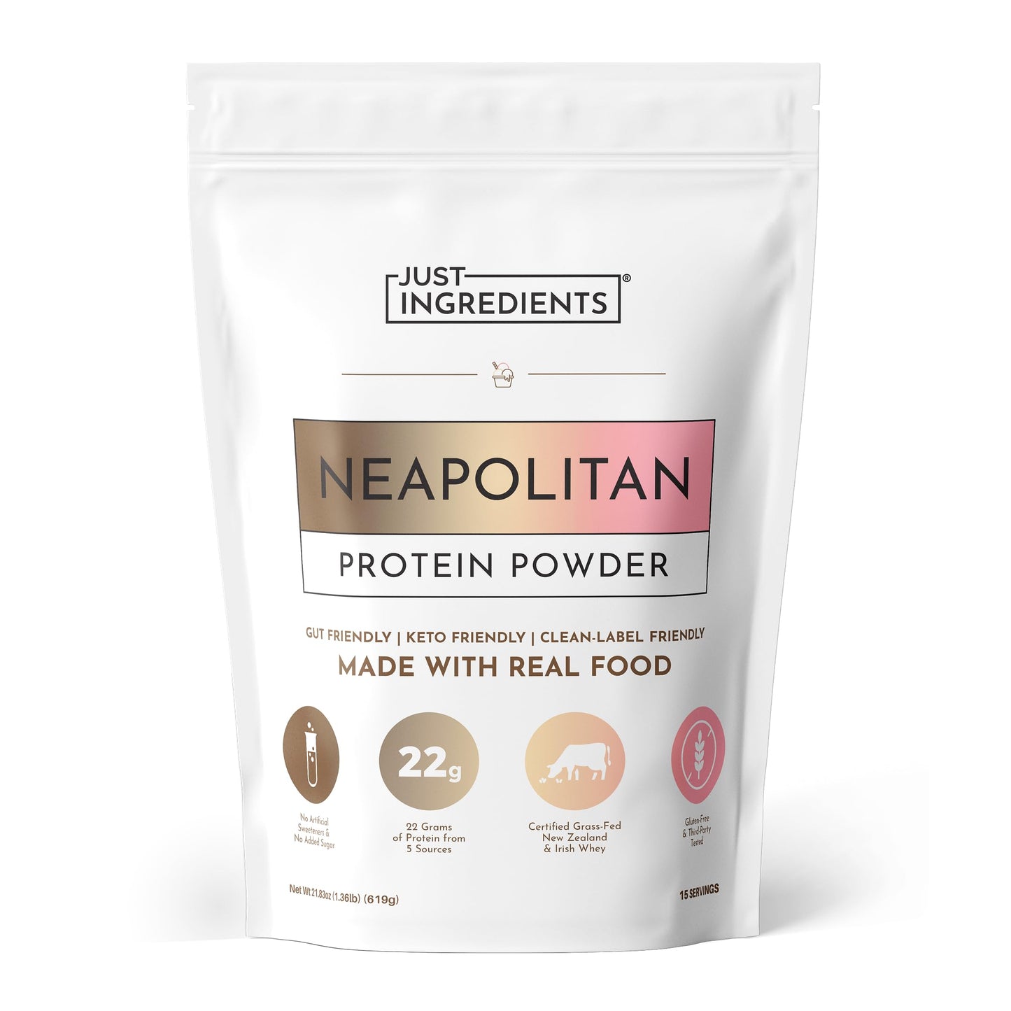 JUST INGREDIENTS Neapolitan Grass-Fed Whey Protein Powder, 15 Servings