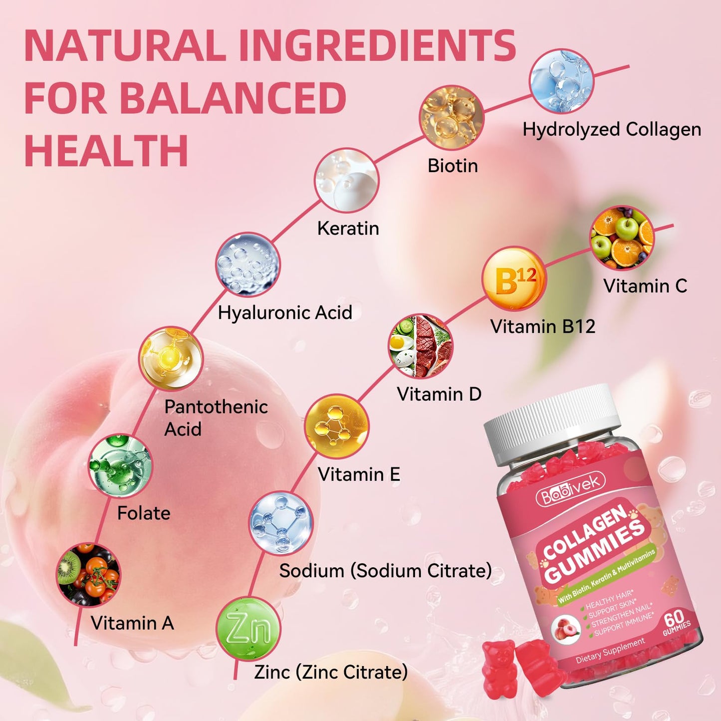 Babivek Collagen Gummies for Women & Men, Gummy, 60 Count