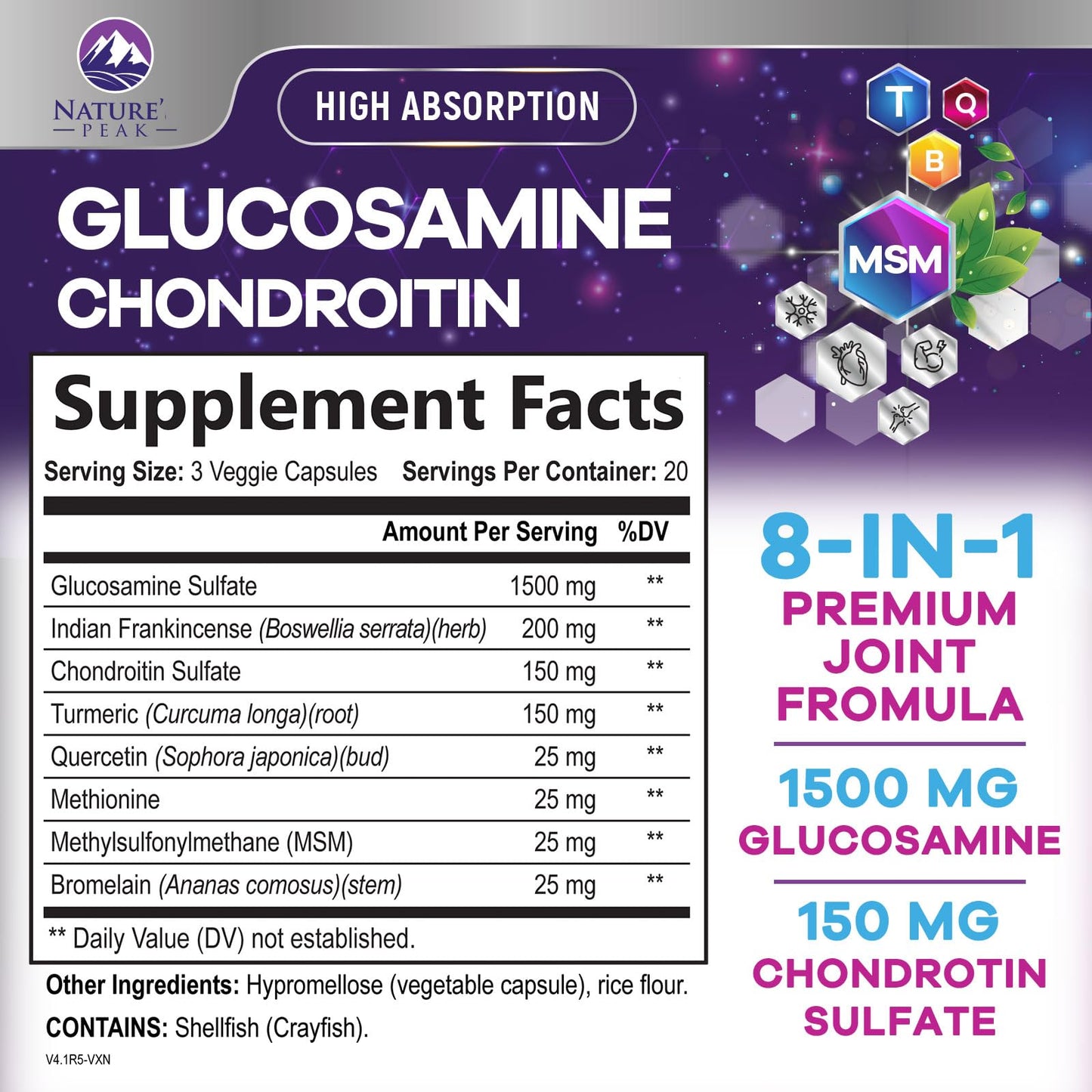 Nature's Peak Glucosamine Chondroitin, MSM & Turmeric - Extra Strength Joint Support Supplement with 1500mg Glucosamine Sulfate per Serving - for Cartilage, Joint Health & Flexibility, 60 Capsules