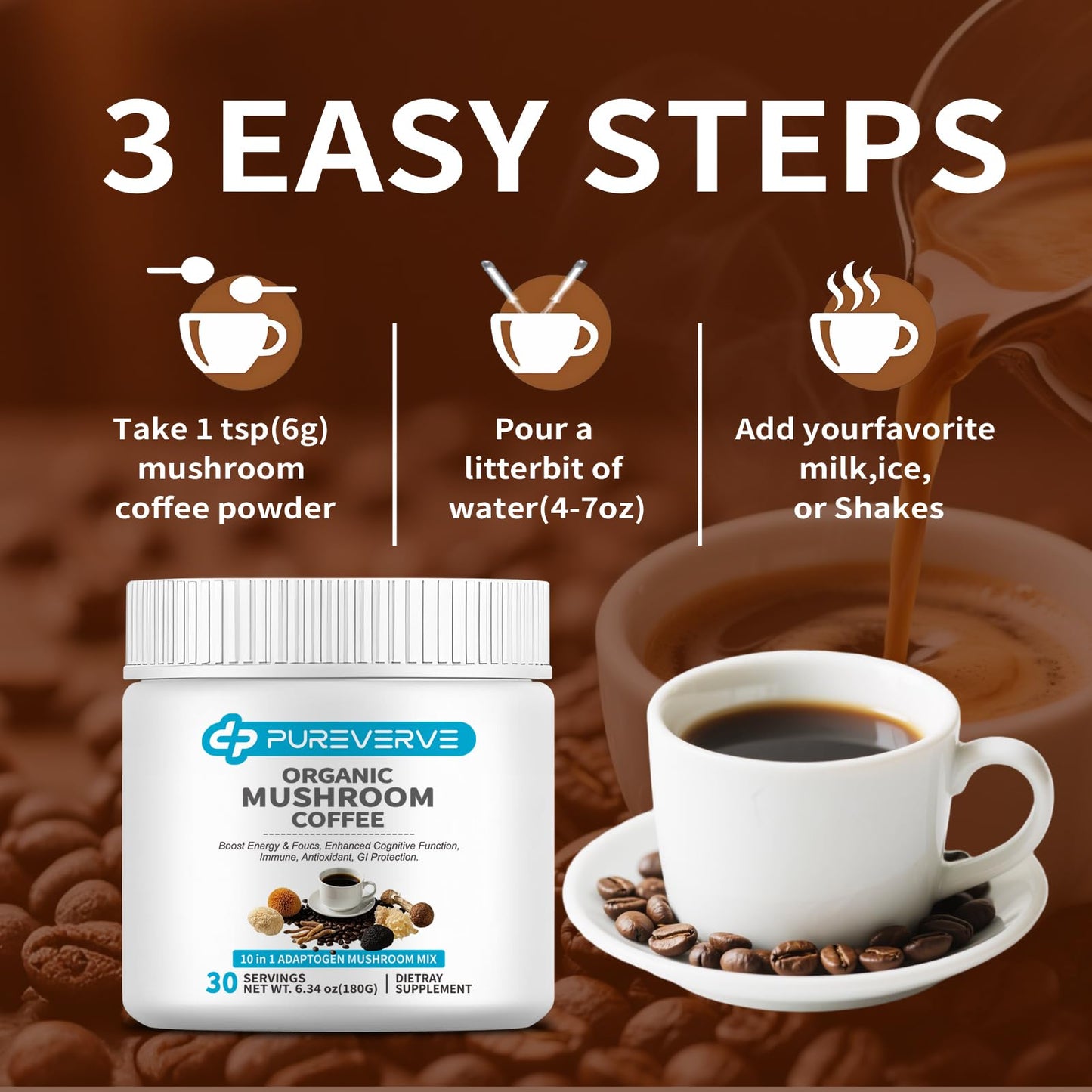Pureverve Organic Mushroom Coffee Instant Powder, 10 Mushroom Powder Blend, 6.34 Ounce