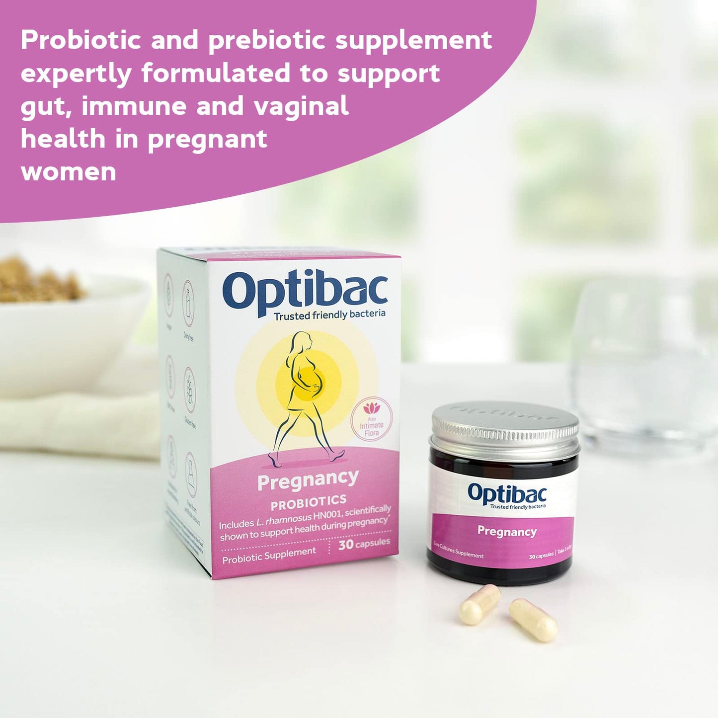 OptiBac Probiotics Pregnancy - Vegan Probiotic for Pregnant & Breastfeeding Women to Support Gut, Immune & Vaginal Health, 12 Billion CFU & Prebiotic, 30 Capsules