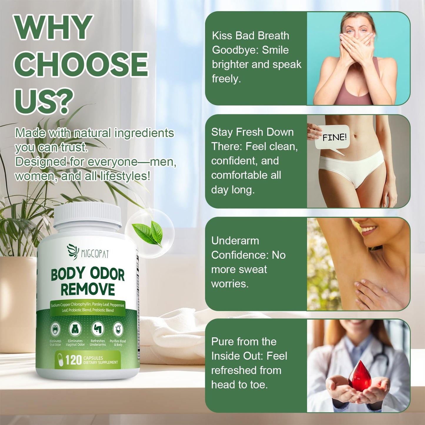 Migcopat Chlorophyll Body Deodorizing Supplement with 10 Billion CFU Probiotic, Vitamin C & E, Parsley, Peppermint, Green Tea, Prebiotics - Chlorophyll Capsules, 120 Capsules