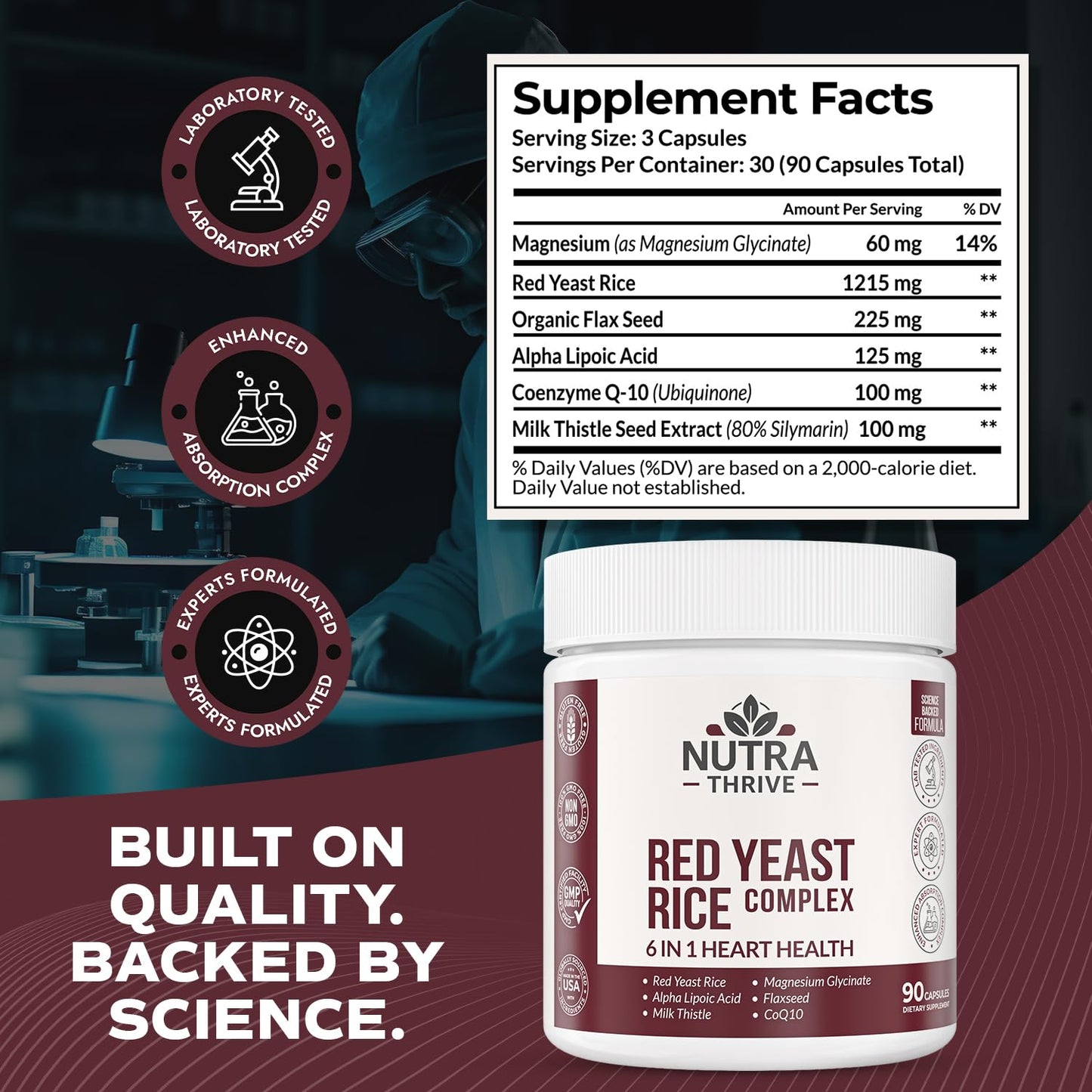 Nutrathrive Red Yeast Rice Complex 6 in 1 with CoQ10, Magnesium Glycinate, ALA, Flaxseed & Milk Thistle Daily Support, 60 Capsules