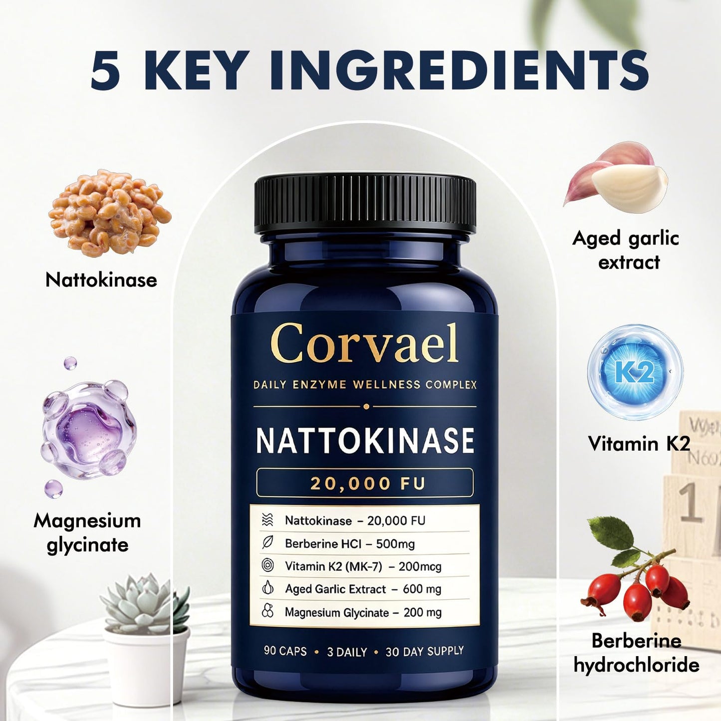 BORNIU Corvael Nattokinase 20000 fu, Nattokinase Fibrinolytic Complex, 90 Capsules