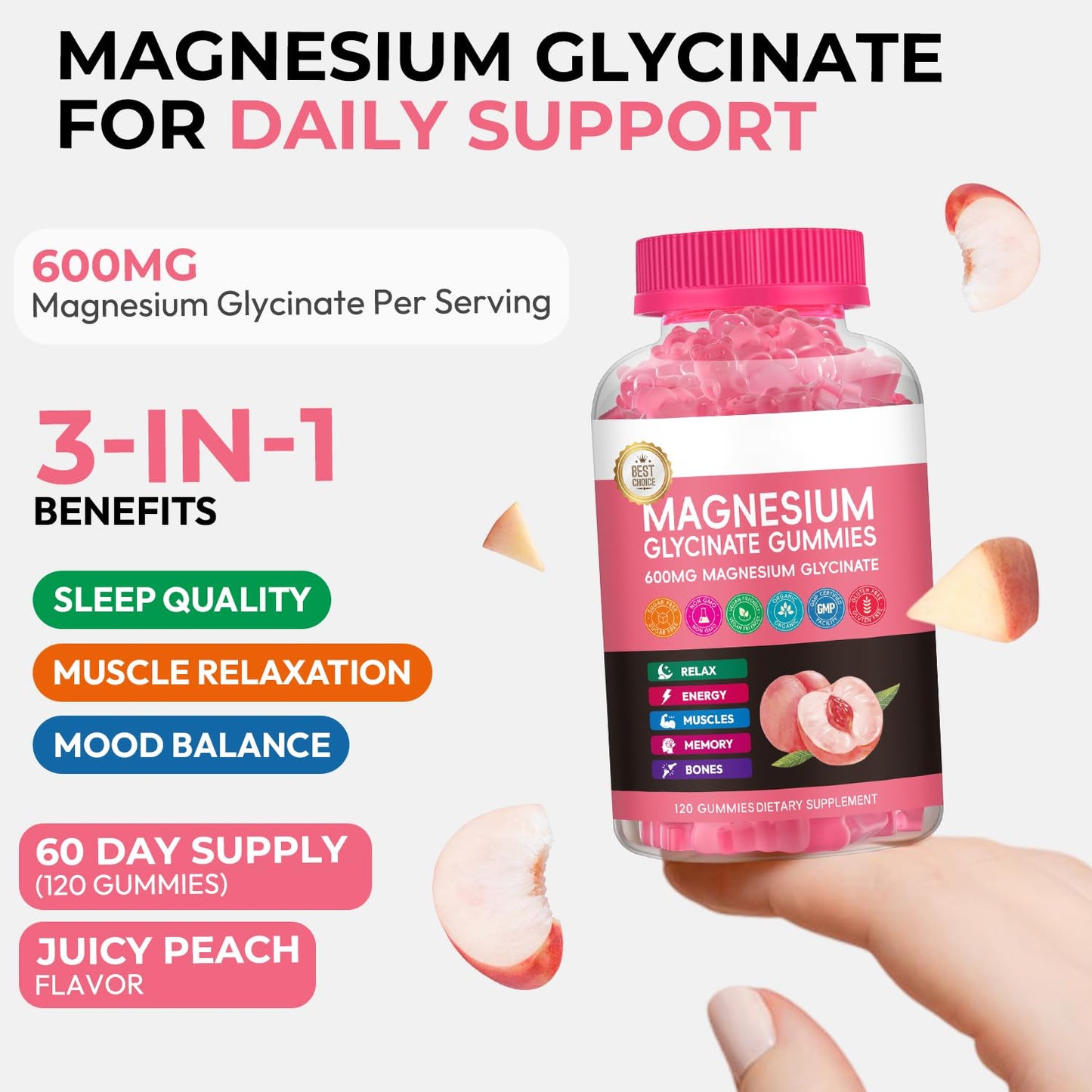Xytora Magnesium Glycinate Gummies 600mg Advanced Magnesium Complex Peach, 120 Count