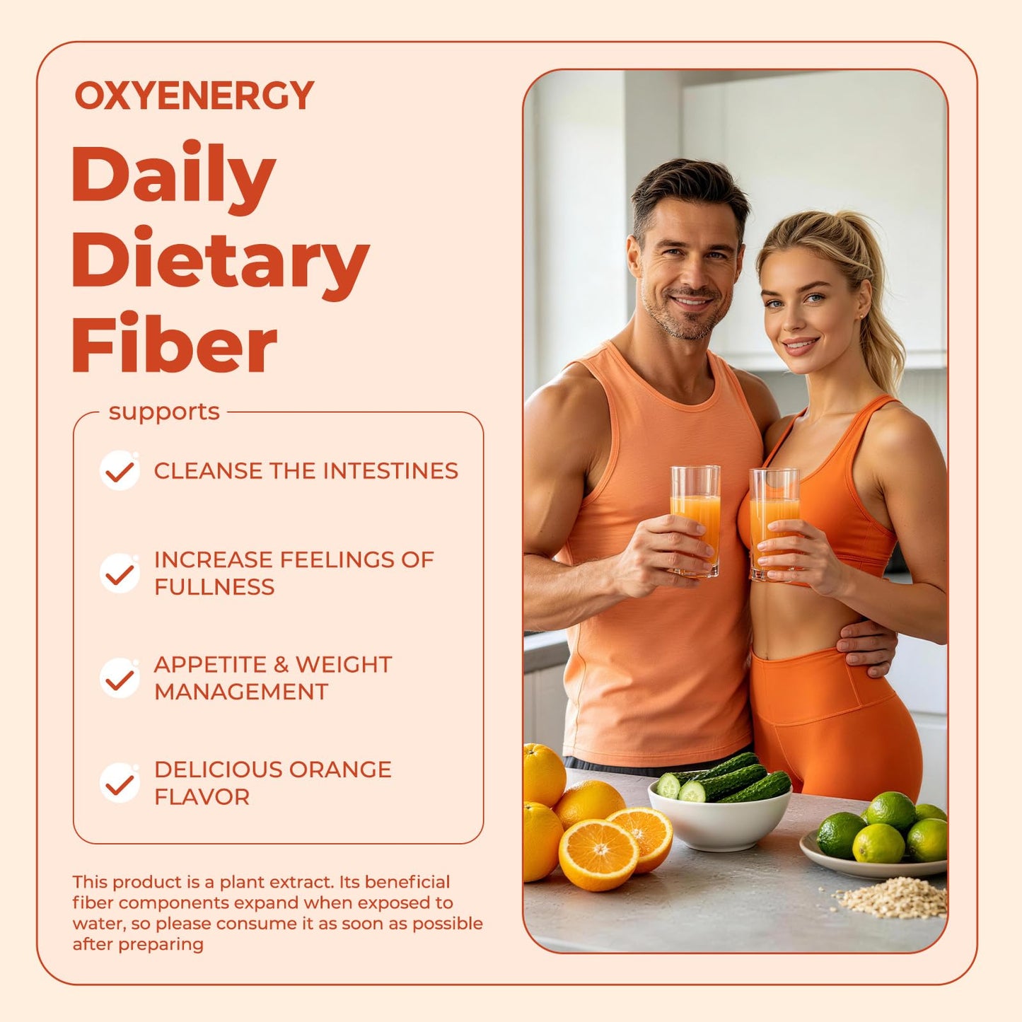 OxyEnergy Fiber Supplement Powder, 30 Packets, Orange Flavor