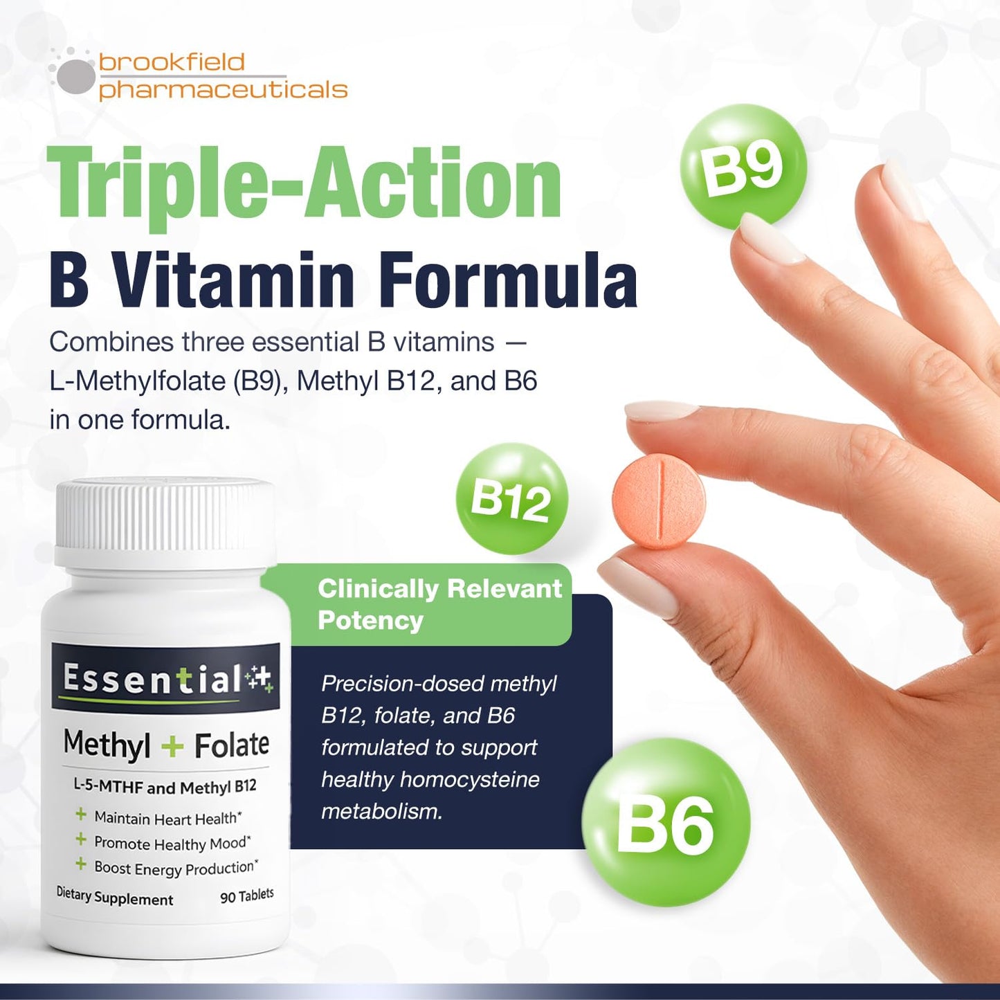 Brookfield Pharmaceuticals Pure L-Methylfolate Tablets with 5-MTHF, 1,360 mcg L-Methylfolate, B12 & Vitamin B6, 90 Tablets