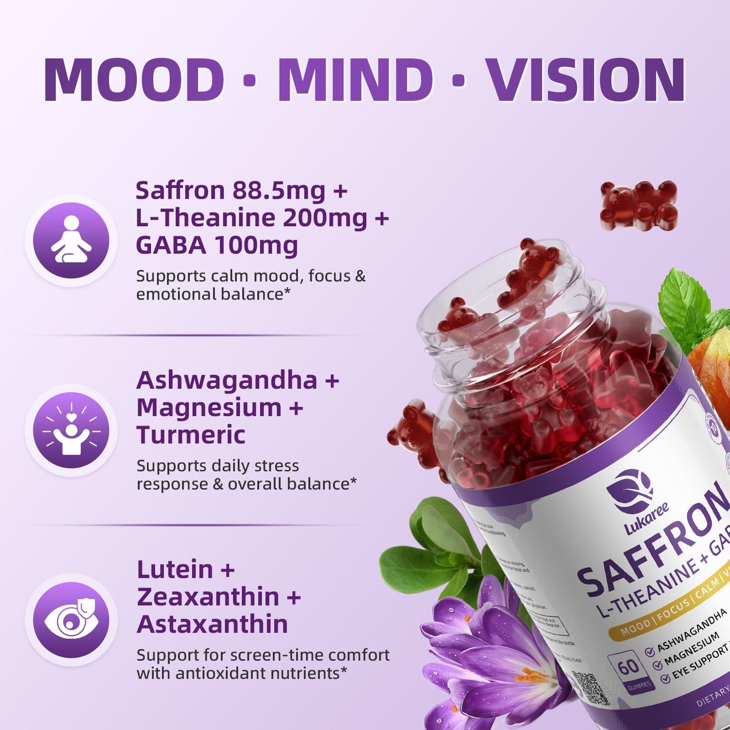 Lukaree 10-in-1 Saffron Gummies with L-Theanine 200mg, GABA, Ashwagandha, Turmeric, Lutein & Zeaxanthin, Astaxanthin for Mood, Focus & Eye Support, 180 Gummies