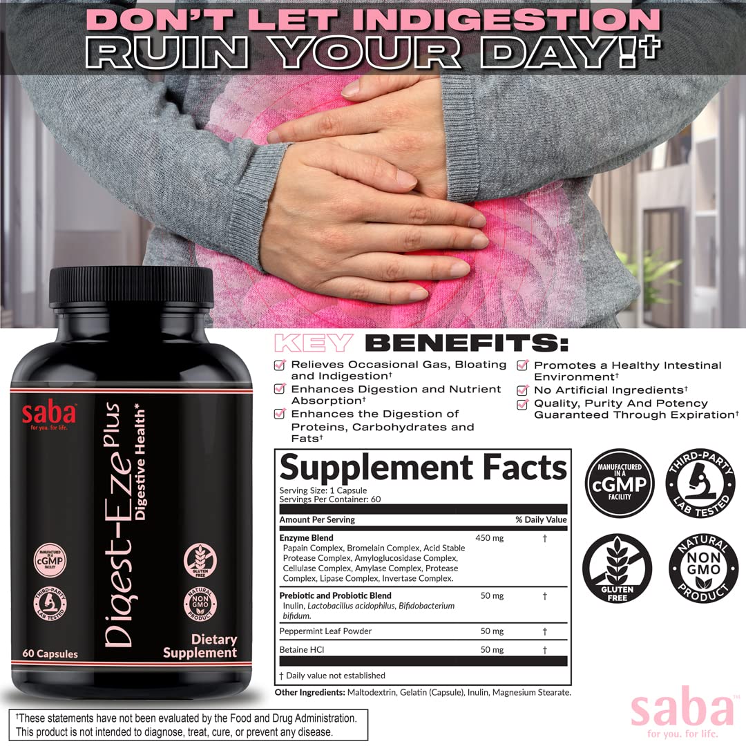 Saba Digestive-EZE Plus Broad Spectrum Plant-Sourced Enzymes, Prebiotics & Probiotics - Support Digestive & Gut Functions, Immunity & Absorption with Betaine, Bromelain, 60 Capsules