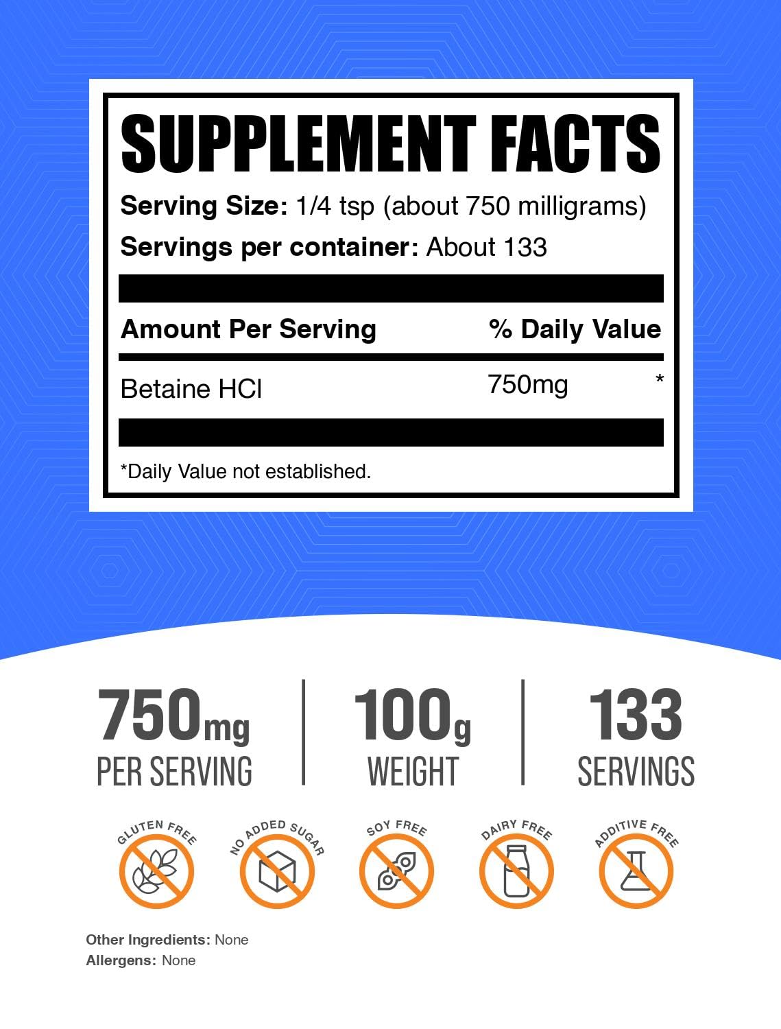 BulkSupplements Betaine HCl Powder 3.53 oz